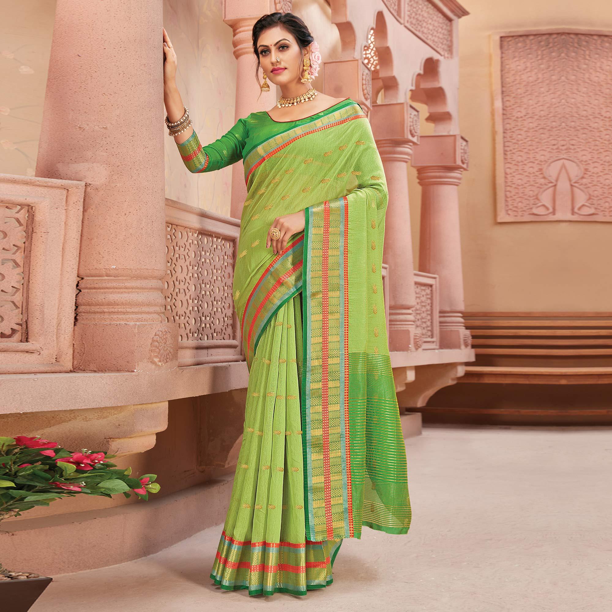 Green Festive Wear Woven Handloom Silk Saree - Peachmode