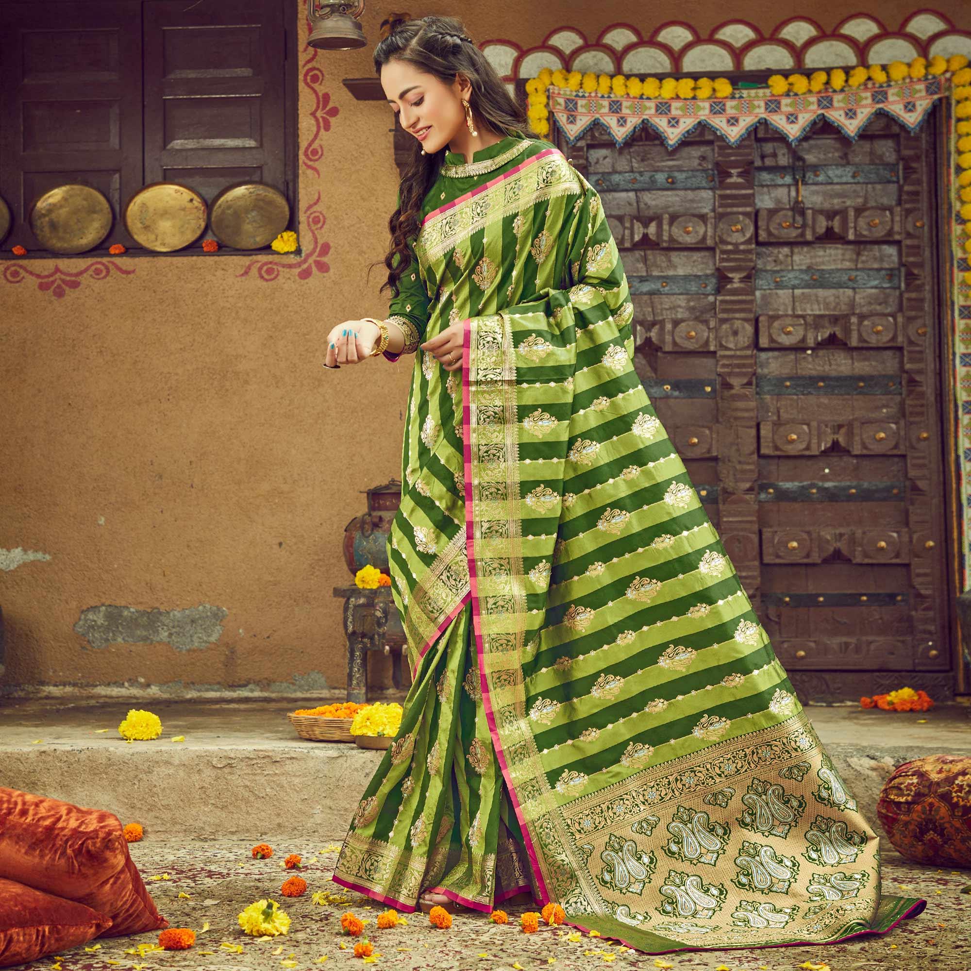 Green Festive Wear Woven Handloom Silk Saree - Peachmode