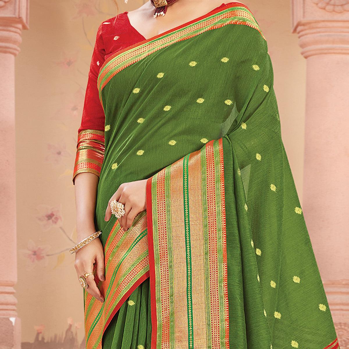 Green Festive Wear Woven Handloom Silk Saree - Peachmode