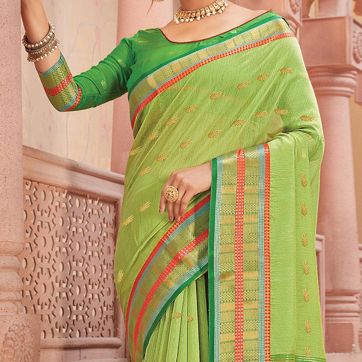 Green Festive Wear Woven Handloom Silk Saree - Peachmode