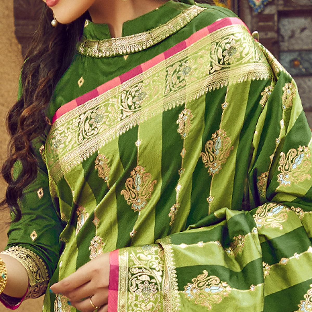 Green Festive Wear Woven Handloom Silk Saree - Peachmode