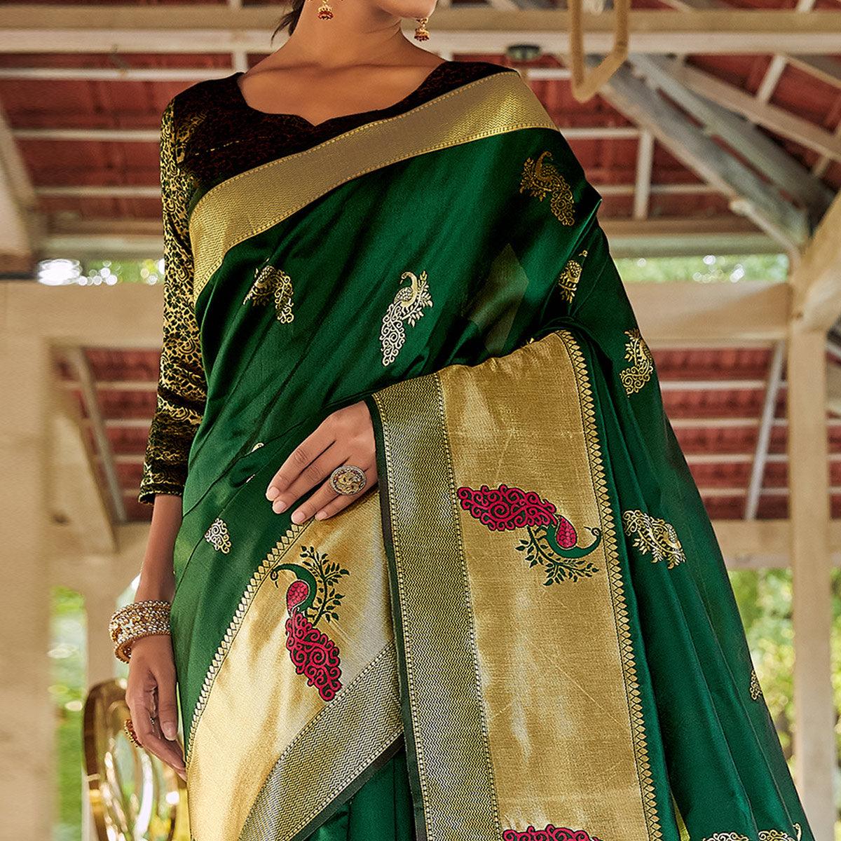 Green Festive Wear Woven Handloom Silk Saree - Peachmode