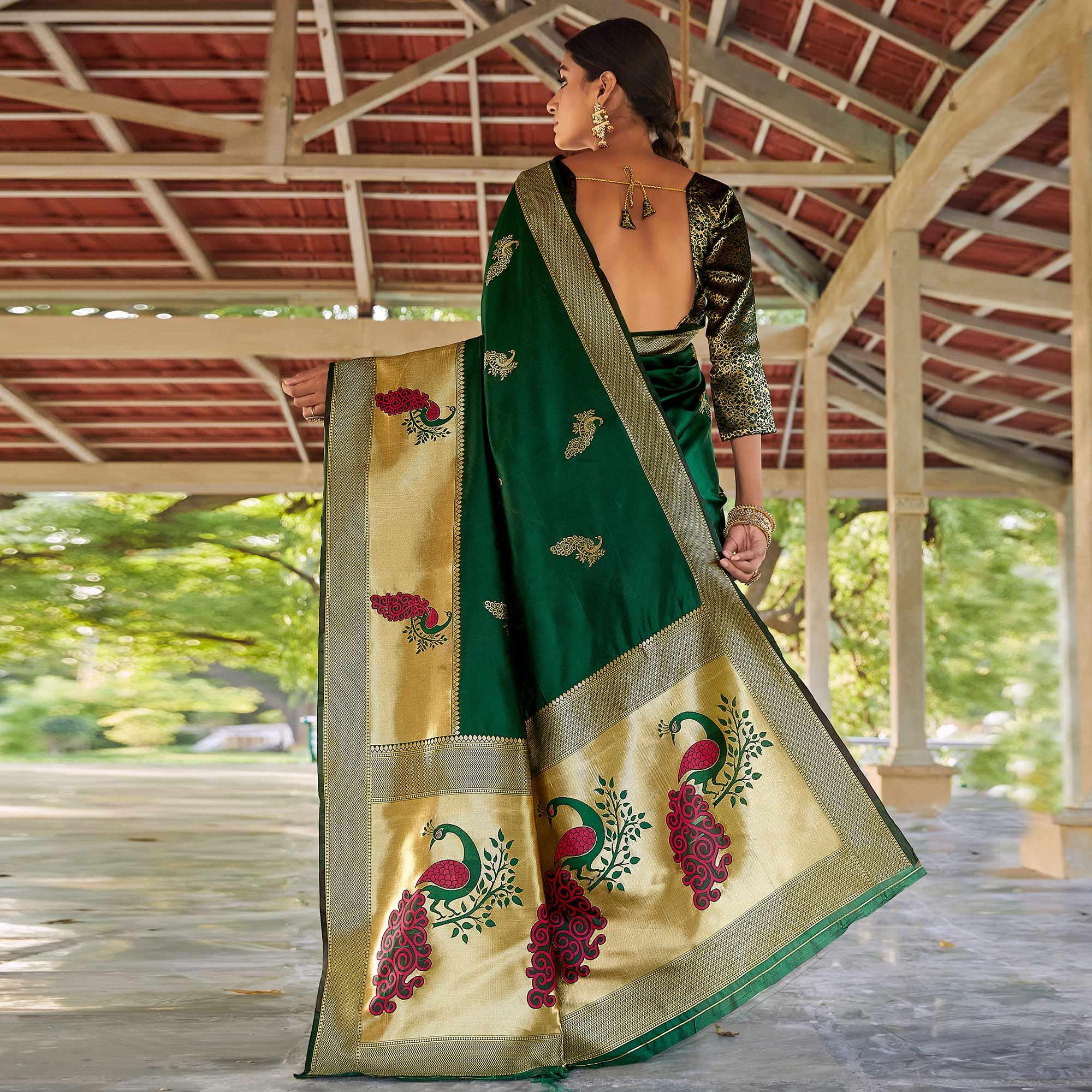 Green Festive Wear Woven Handloom Silk Saree - Peachmode