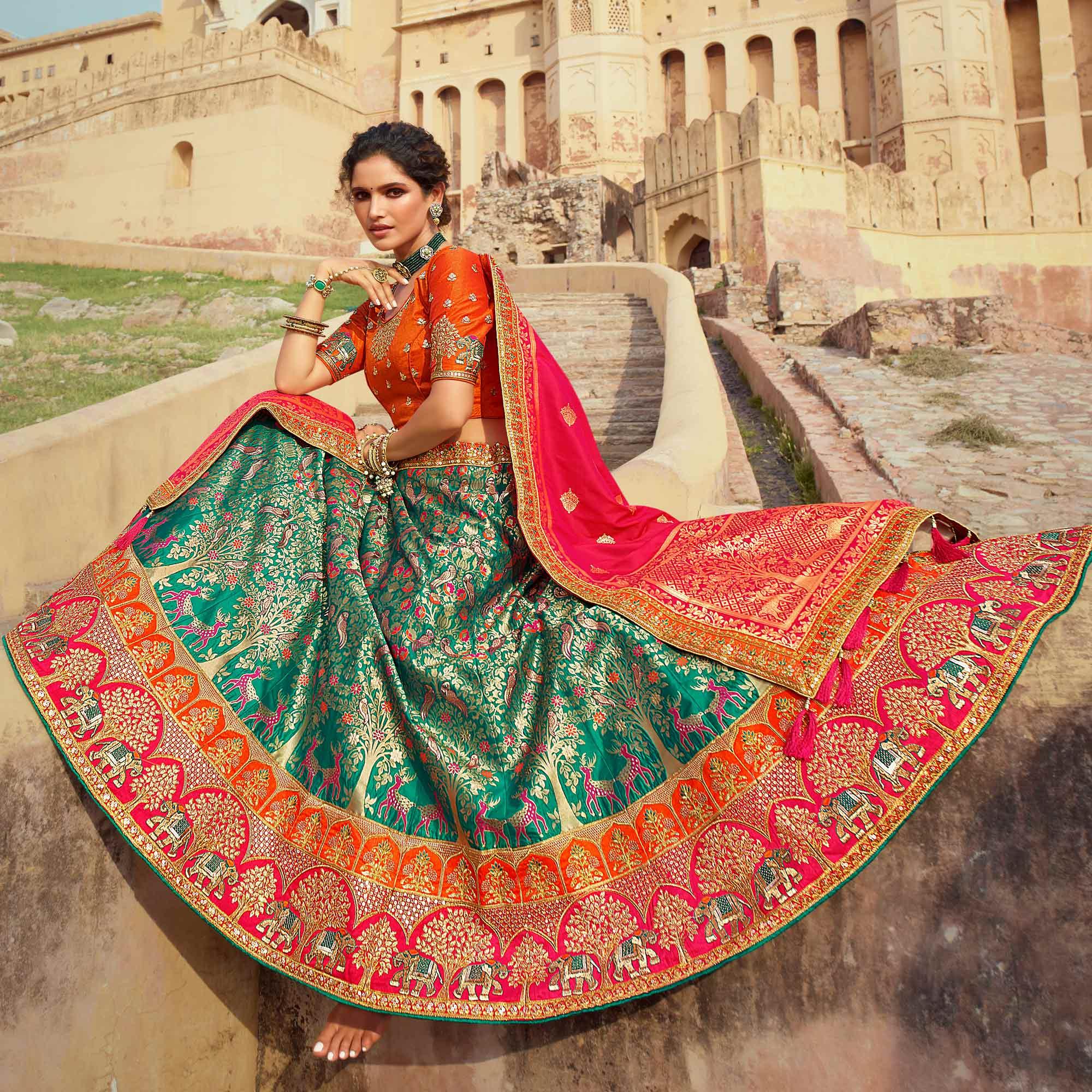 Green Festive Wear Woven Heavy Banarasi Silk Lehenga Choli - Peachmode