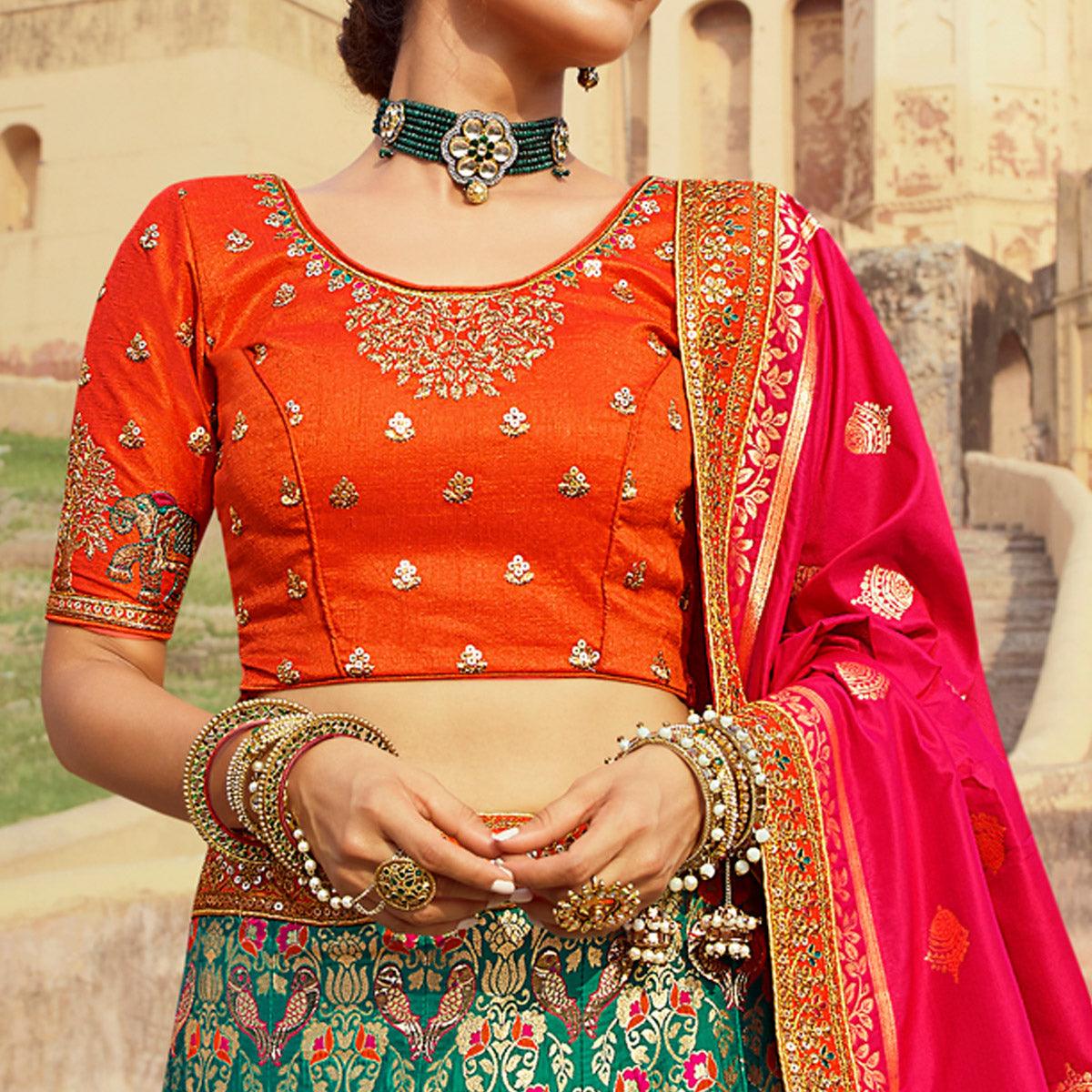 Green Festive Wear Woven Heavy Banarasi Silk Lehenga Choli - Peachmode