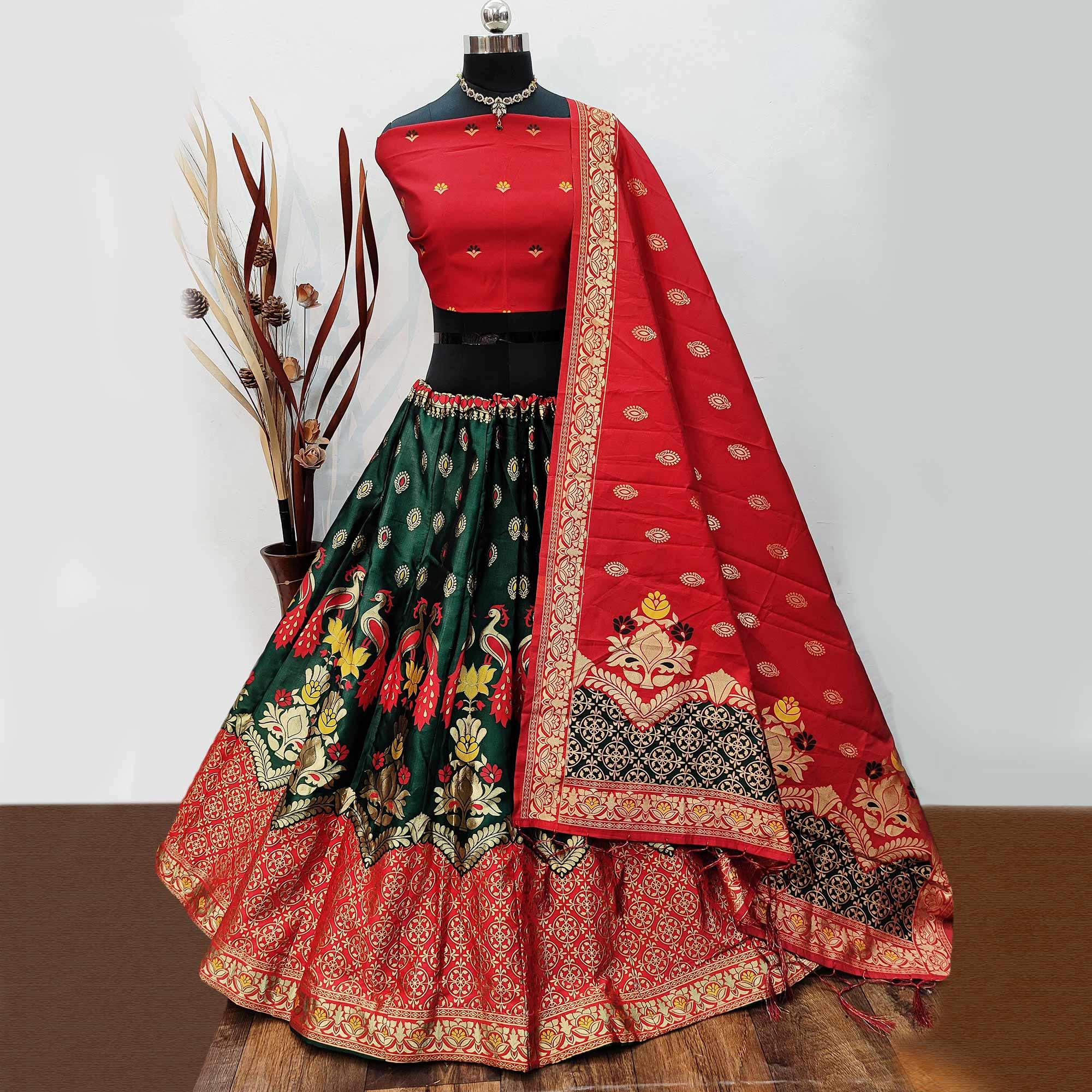 Green Festive Wear Woven Heavy Brocade Lehenga Choli - Peachmode