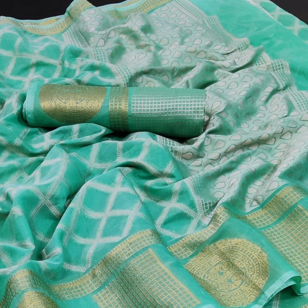 Green Festive Wear Woven Jacquard Banarasi Saree - Peachmode