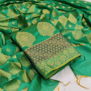 Green Festive Wear Woven Jacquard Banarasi Silk Dress Material - Peachmode