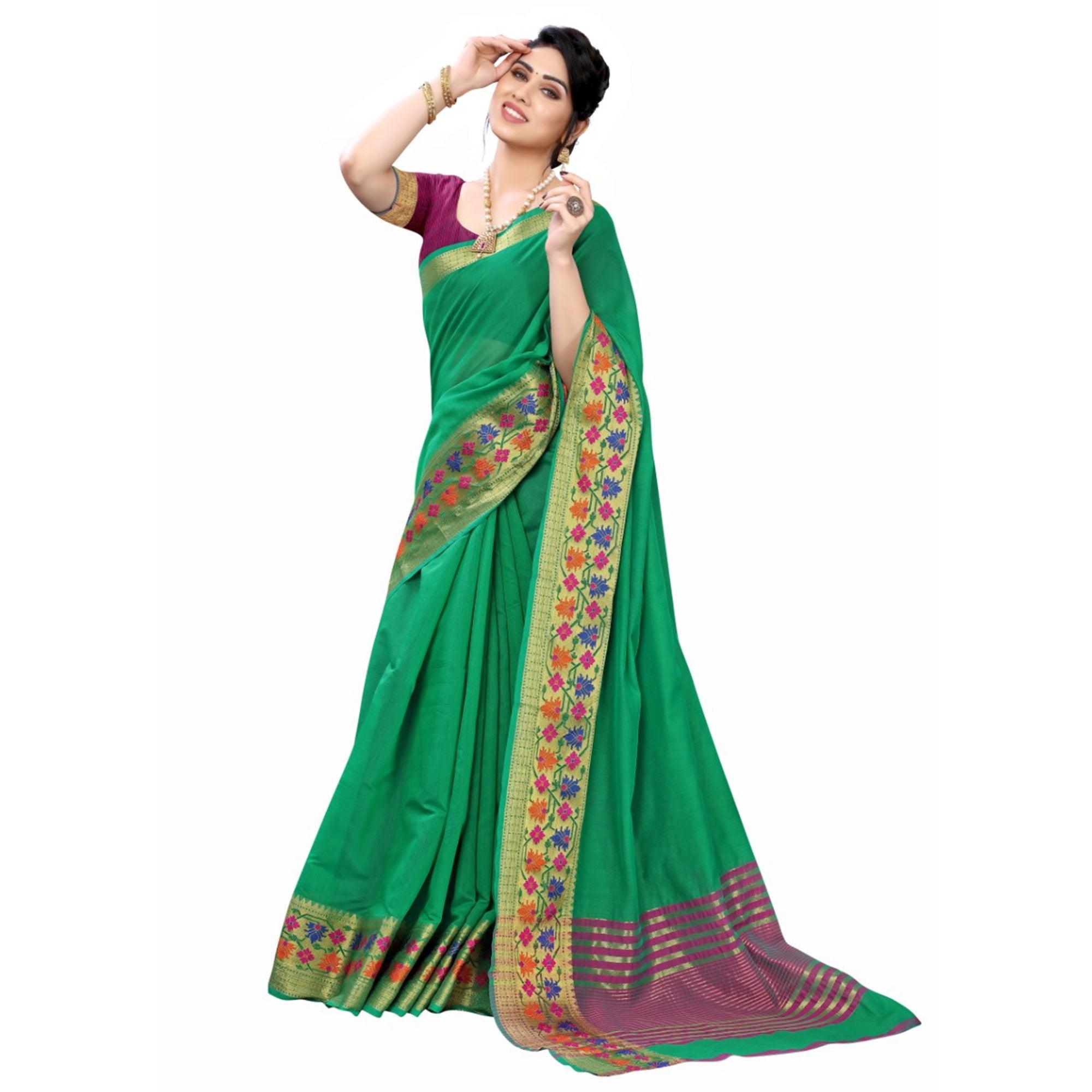 Green Festive Wear Woven Jacquard Border Cotton Saree - Peachmode