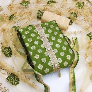 Green Festive Wear Woven Jacquard Dress Material - Peachmode