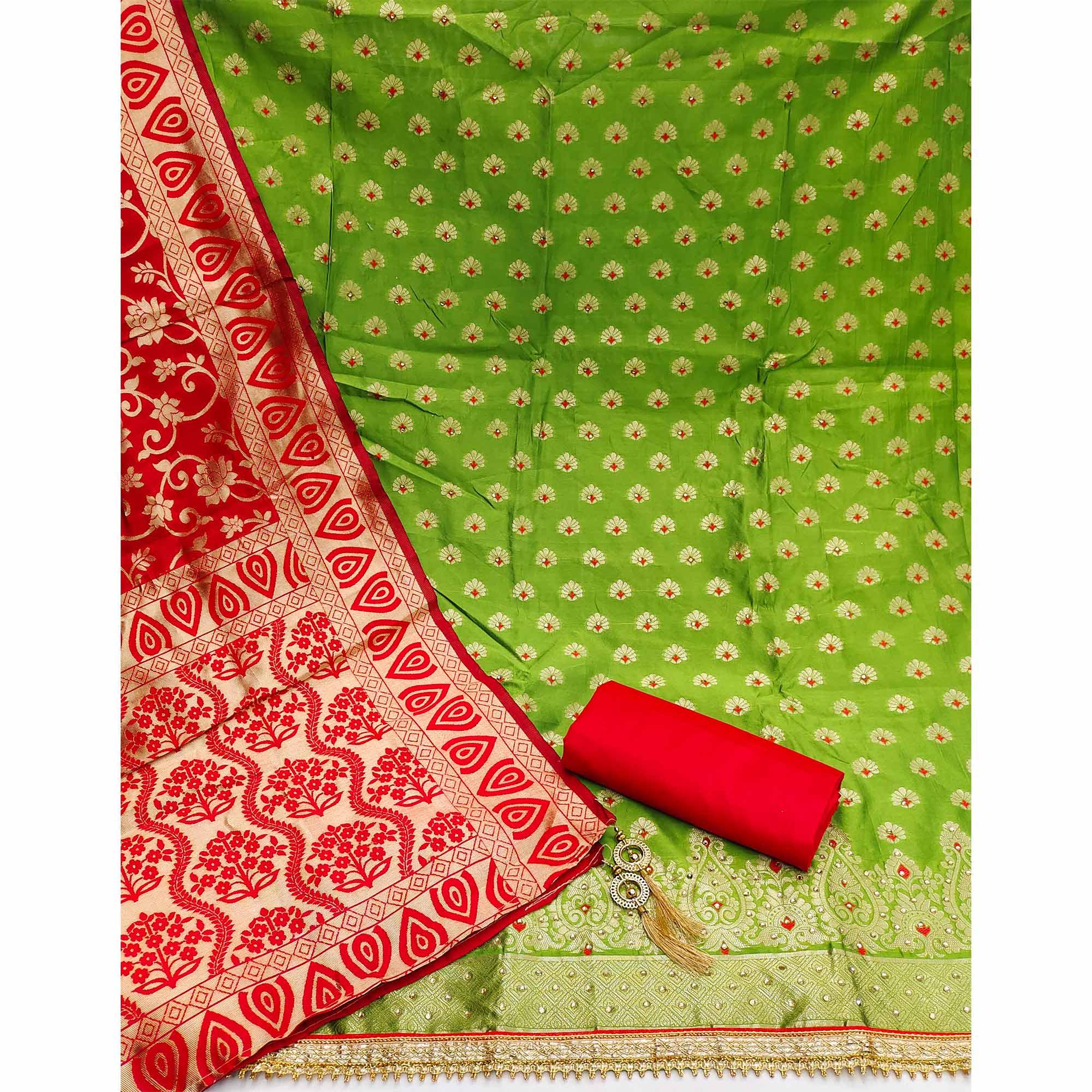 Green Festive Wear Woven Jacquard Dress Material - Peachmode