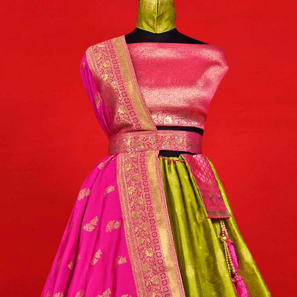Green Festive Wear Woven Jacquard Lehenga Choli - Peachmode