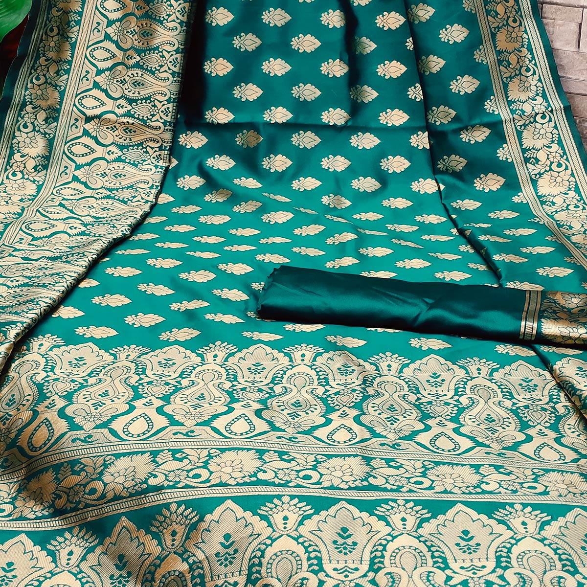 Green Festive Wear Woven Jacquard Silk Saree - Peachmode