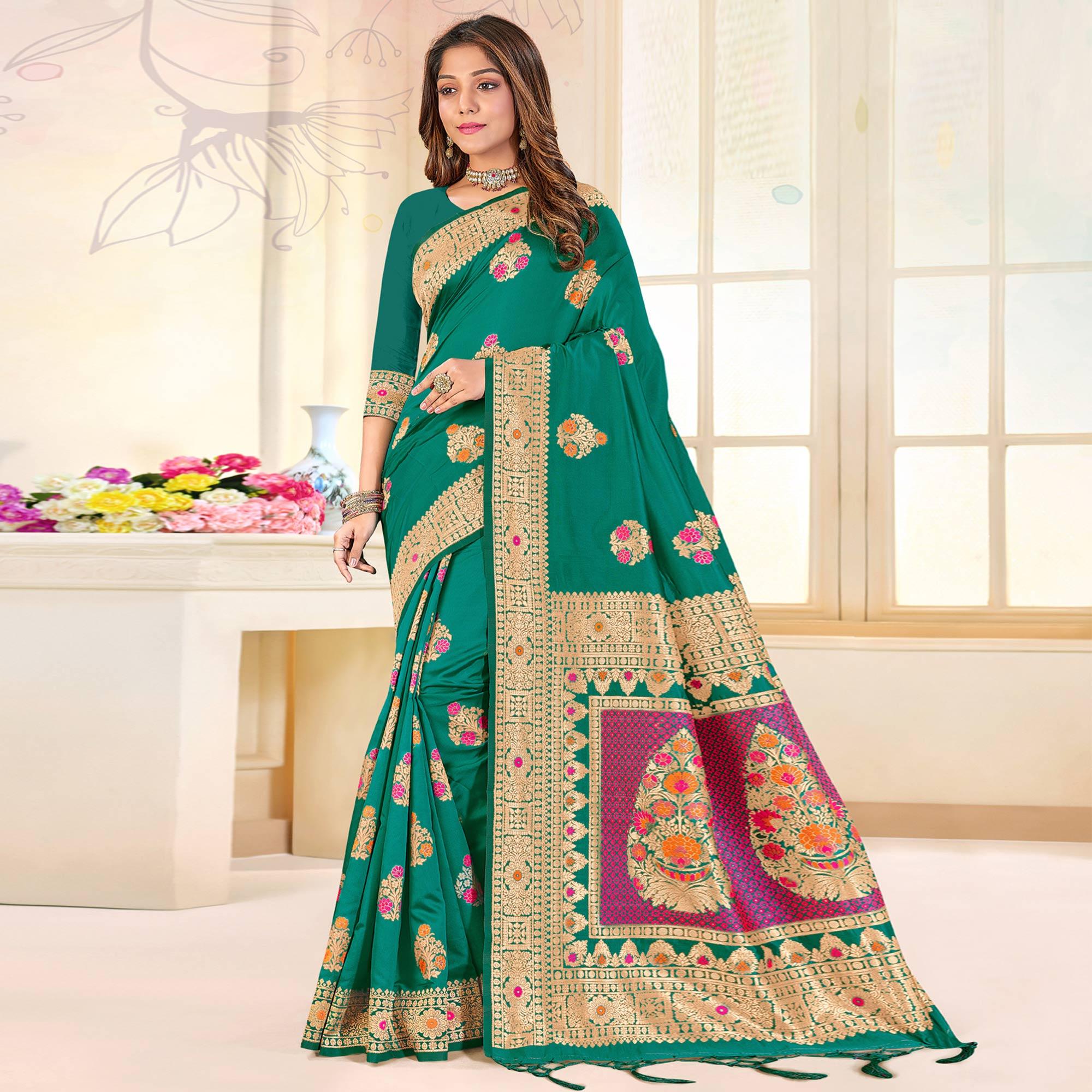Green Festive Wear Woven Jari Border Soft Silk Saree - Peachmode