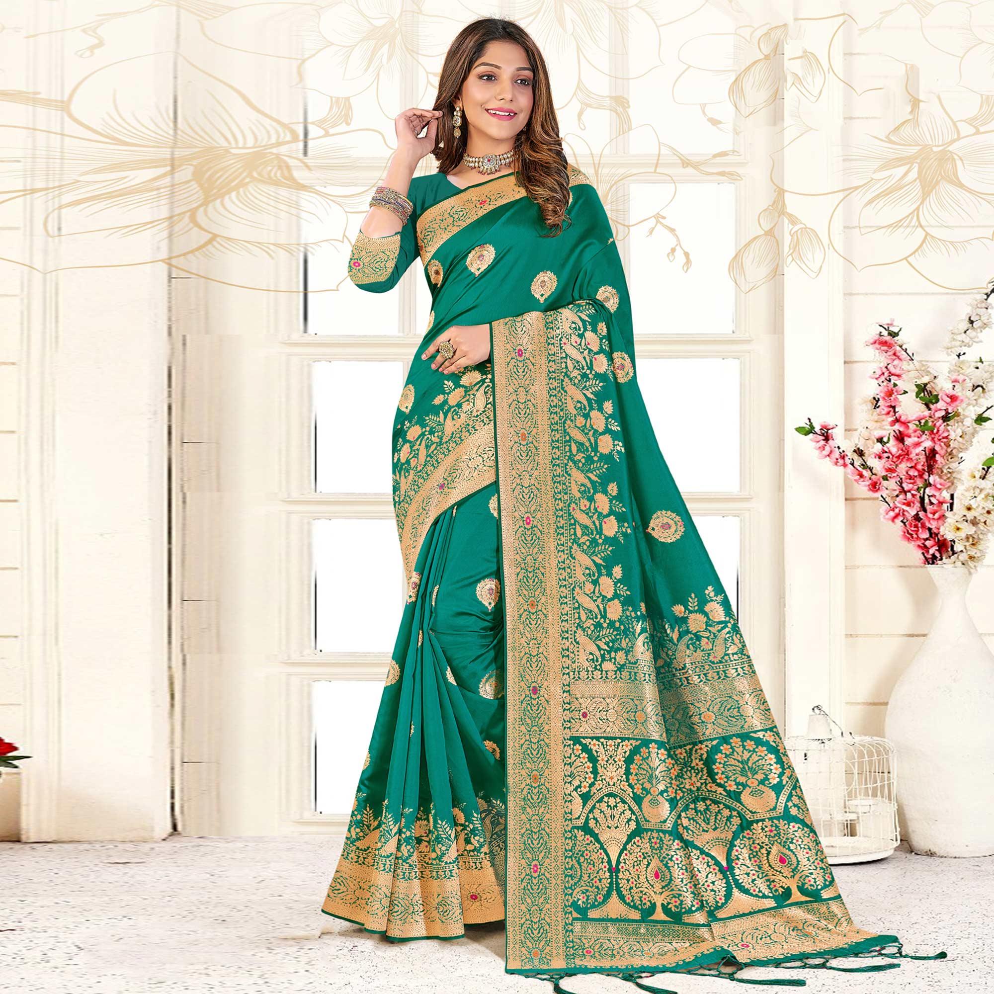 Green Festive Wear Woven Jari Border Soft Silk Saree - Peachmode