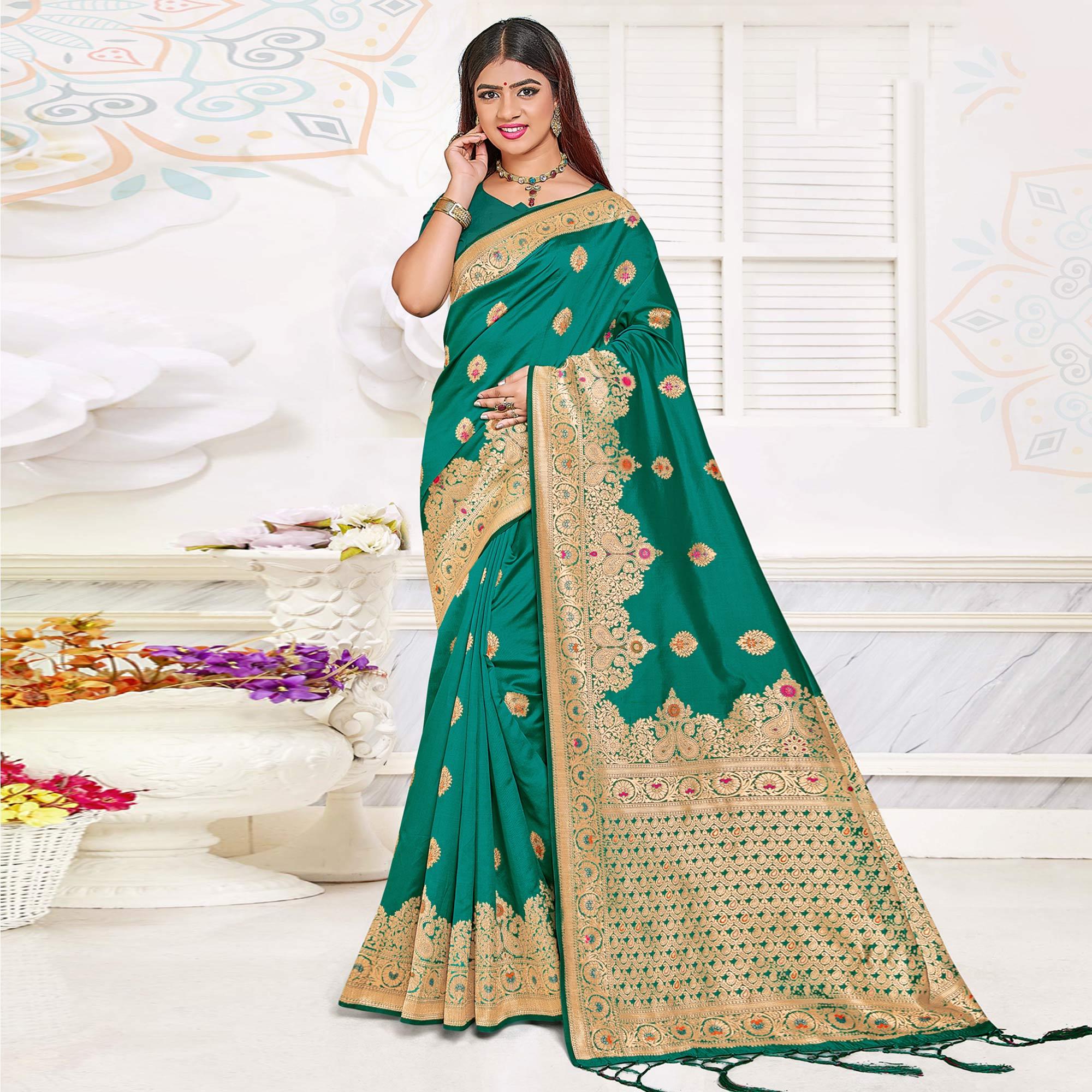 Green Festive Wear Woven Jari Border Soft Silk Saree - Peachmode