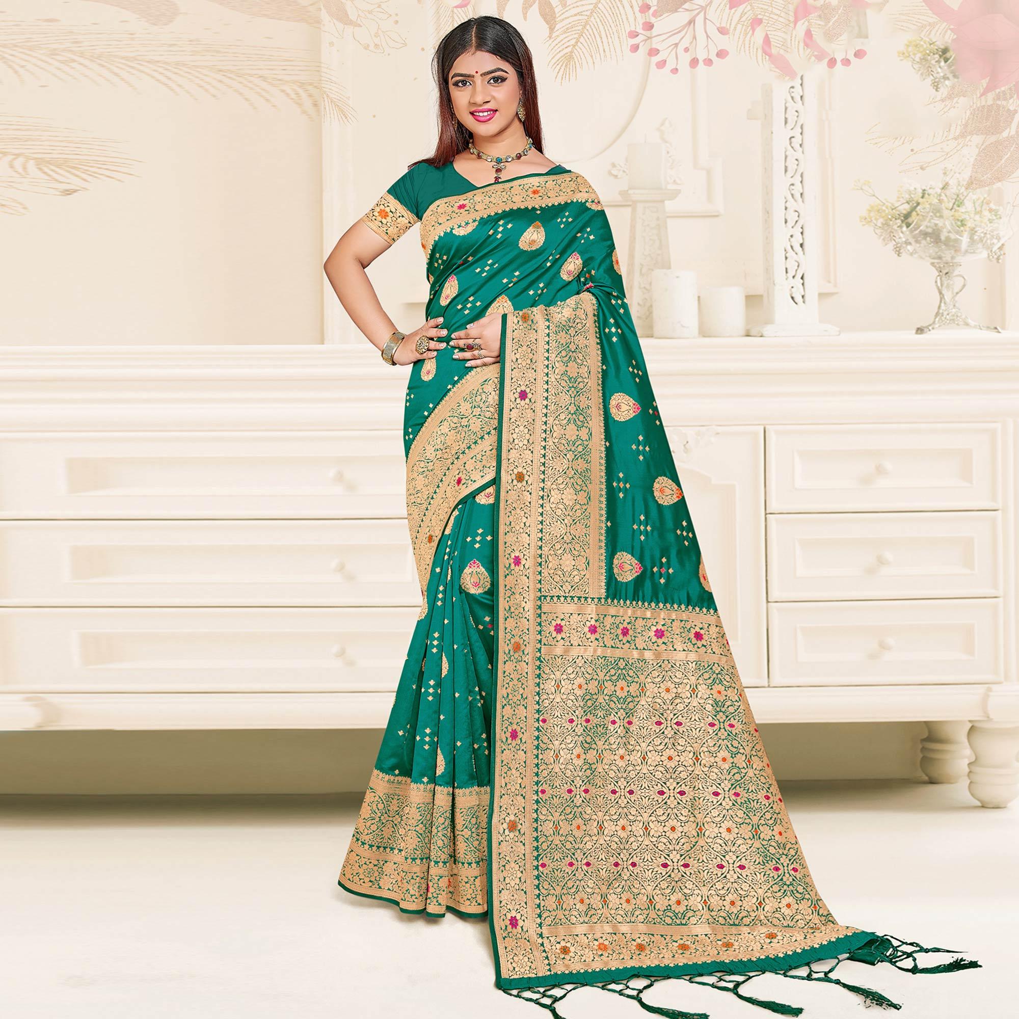 Green Festive Wear Woven Jari Border Soft Silk Saree - Peachmode