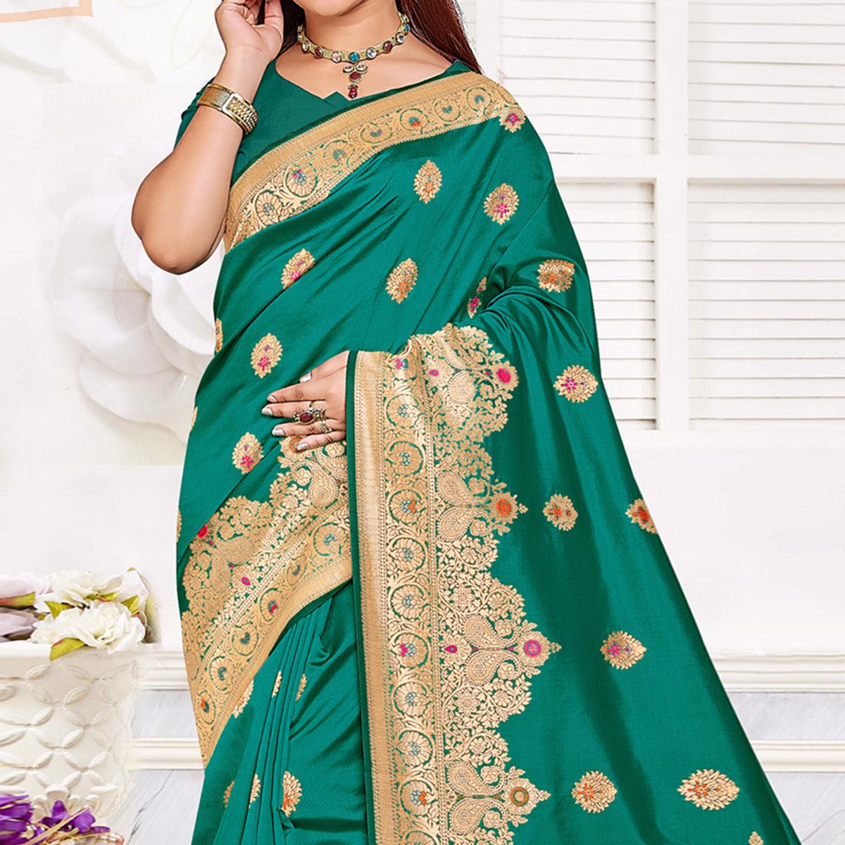 Green Festive Wear Woven Jari Border Soft Silk Saree - Peachmode