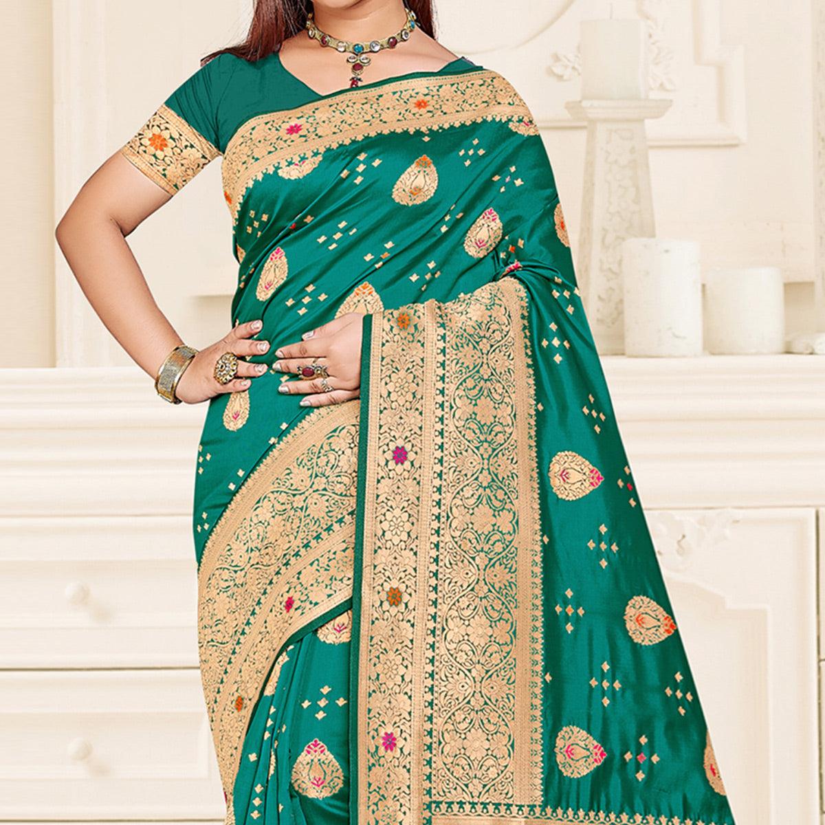Green Festive Wear Woven Jari Border Soft Silk Saree - Peachmode