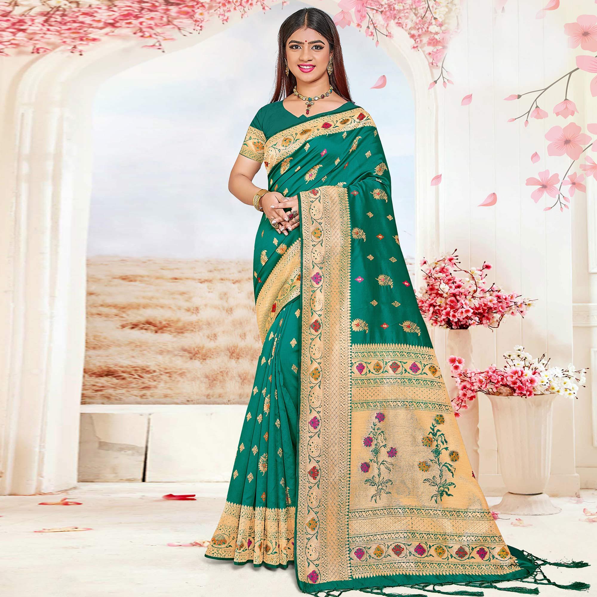Green Festive Wear Woven Jari Border Soft Silk Saree - Peachmode