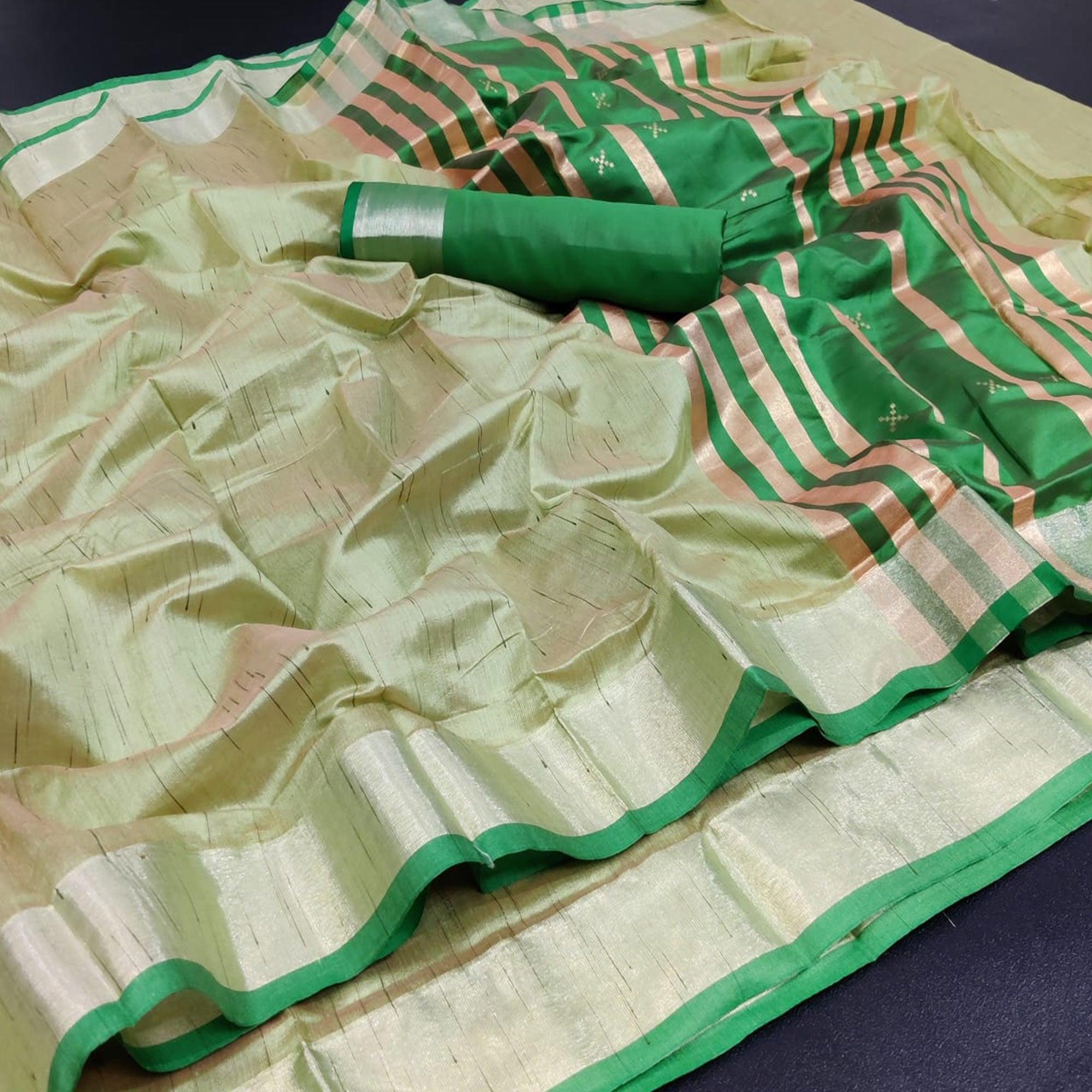 Green Festive Wear Woven Jute Saree - Peachmode