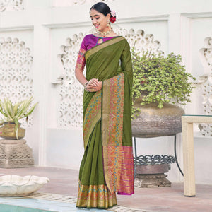 Green Festive Wear Woven Jute Saree - Peachmode