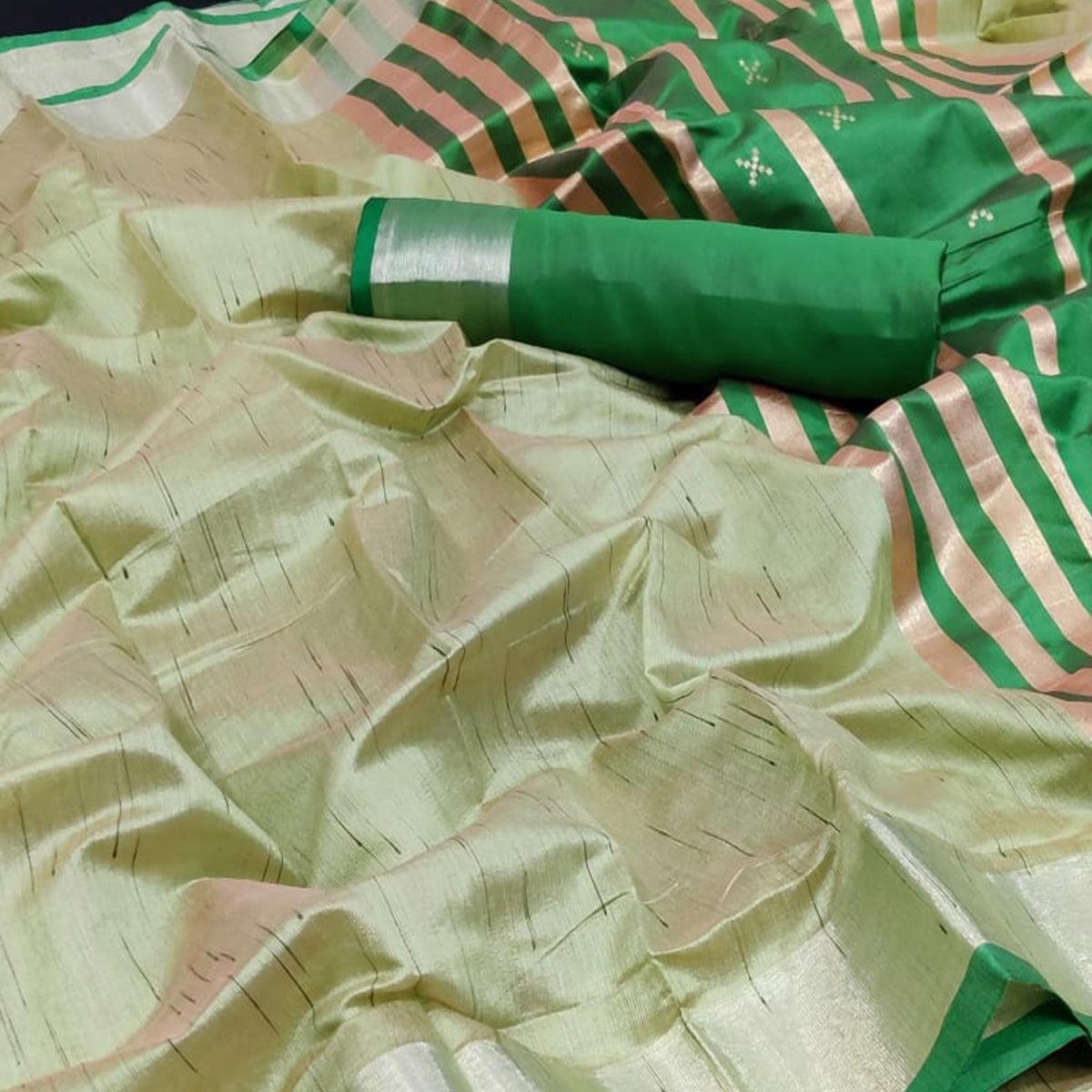 Green Festive Wear Woven Jute Saree - Peachmode