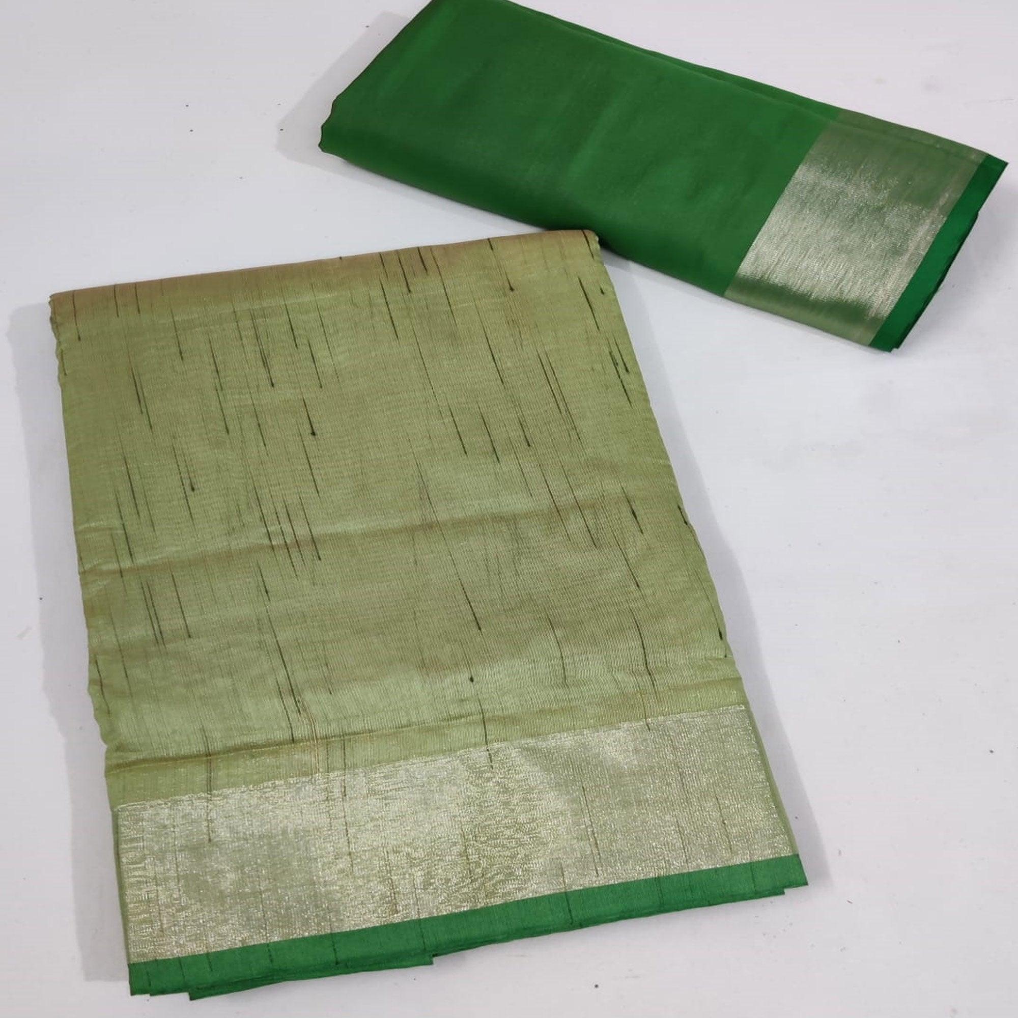 Green Festive Wear Woven Jute Saree - Peachmode