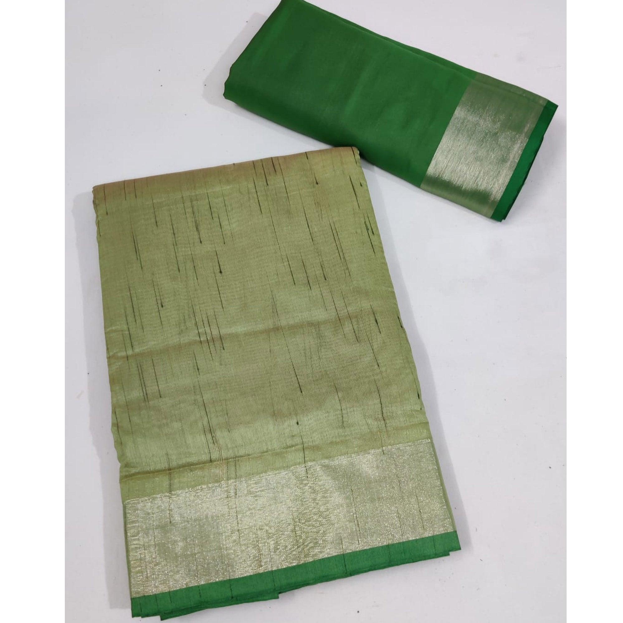 Green Festive Wear Woven Jute Saree - Peachmode