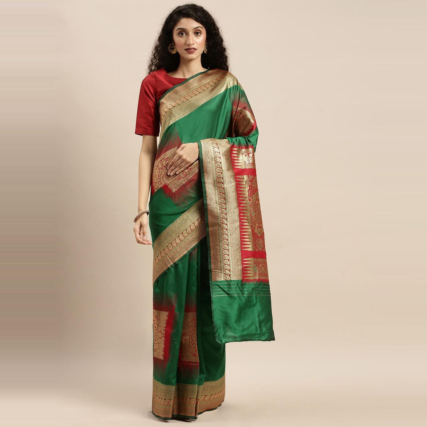 Green Festive Wear Woven Kanjivaram Silk Saree - Peachmode