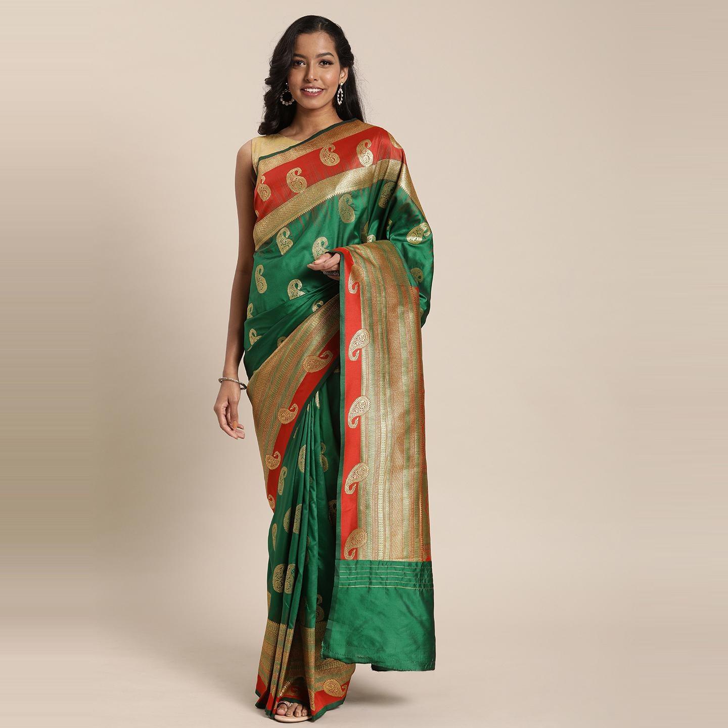 Green Festive Wear Woven Kanjivaram Silk Saree - Peachmode