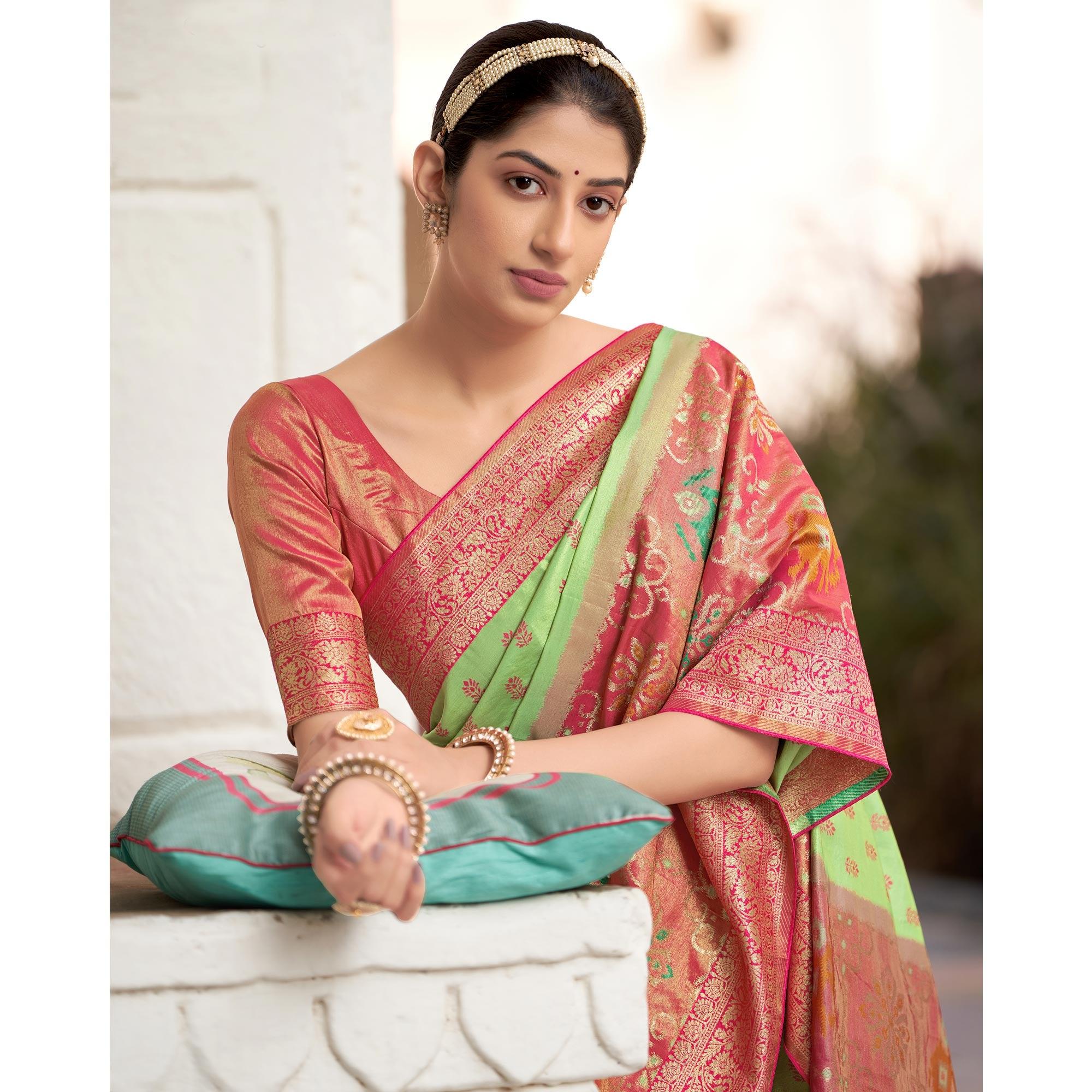 Green Festive Wear Woven Kanjivaram Silk Saree - Peachmode