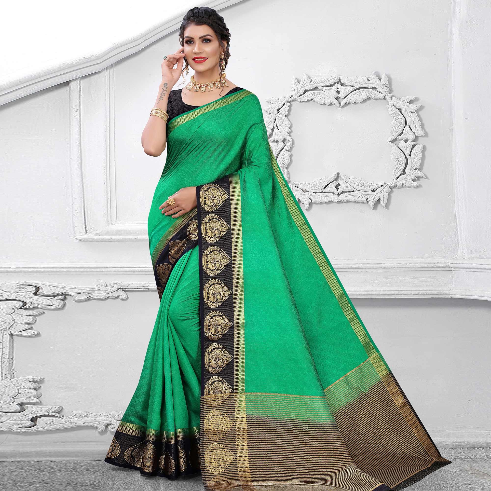 Green Festive Wear Woven Kanjiwaram Art Silk Saree - Peachmode