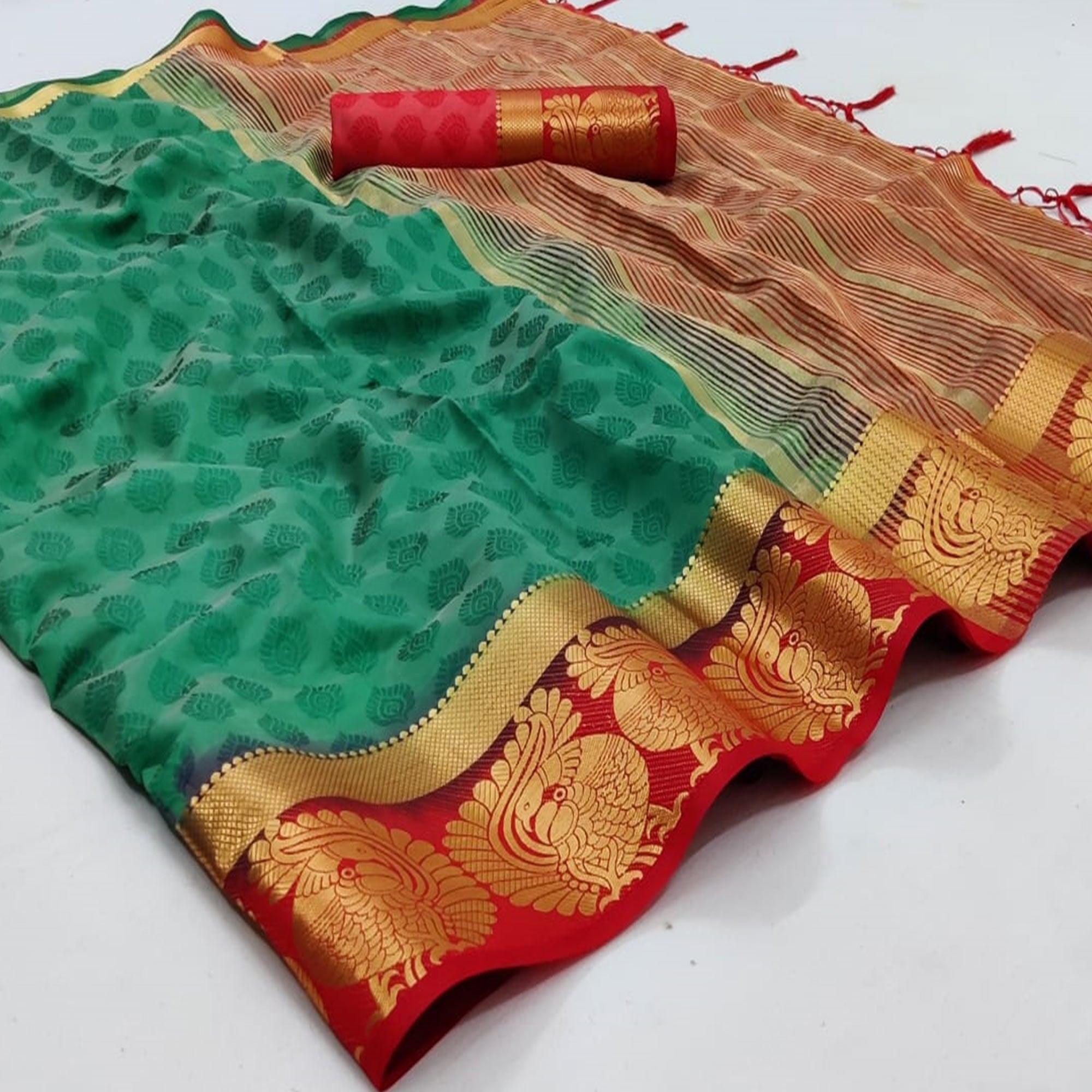 Green Festive Wear Woven Kanjiwaram Art Silk  Saree - Peachmode