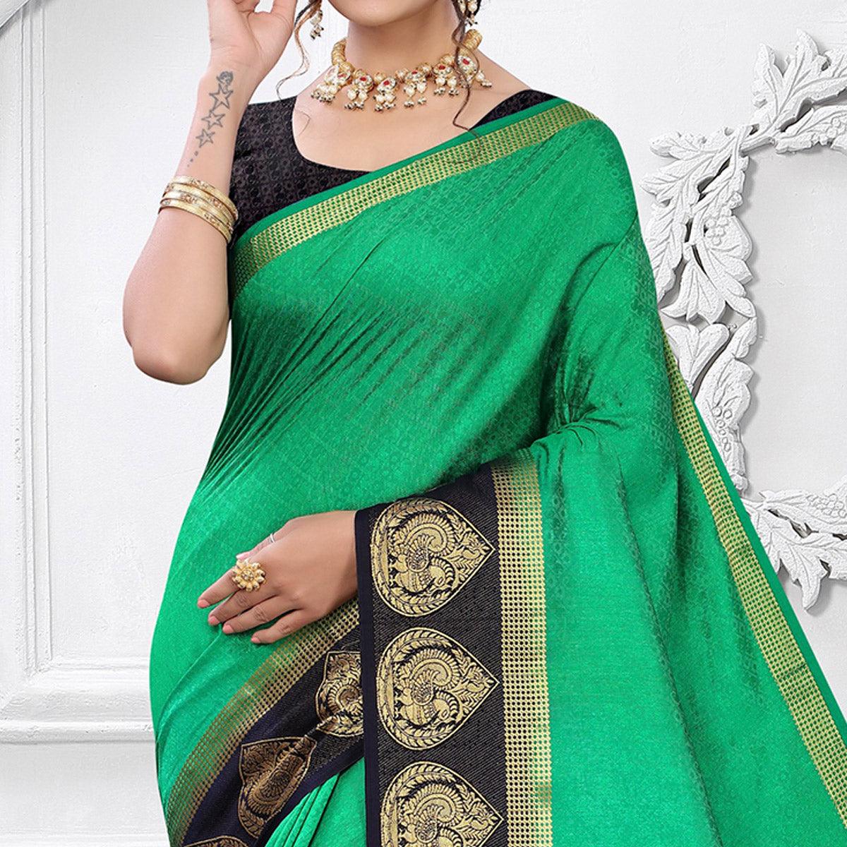 Green Festive Wear Woven Kanjiwaram Art Silk Saree - Peachmode