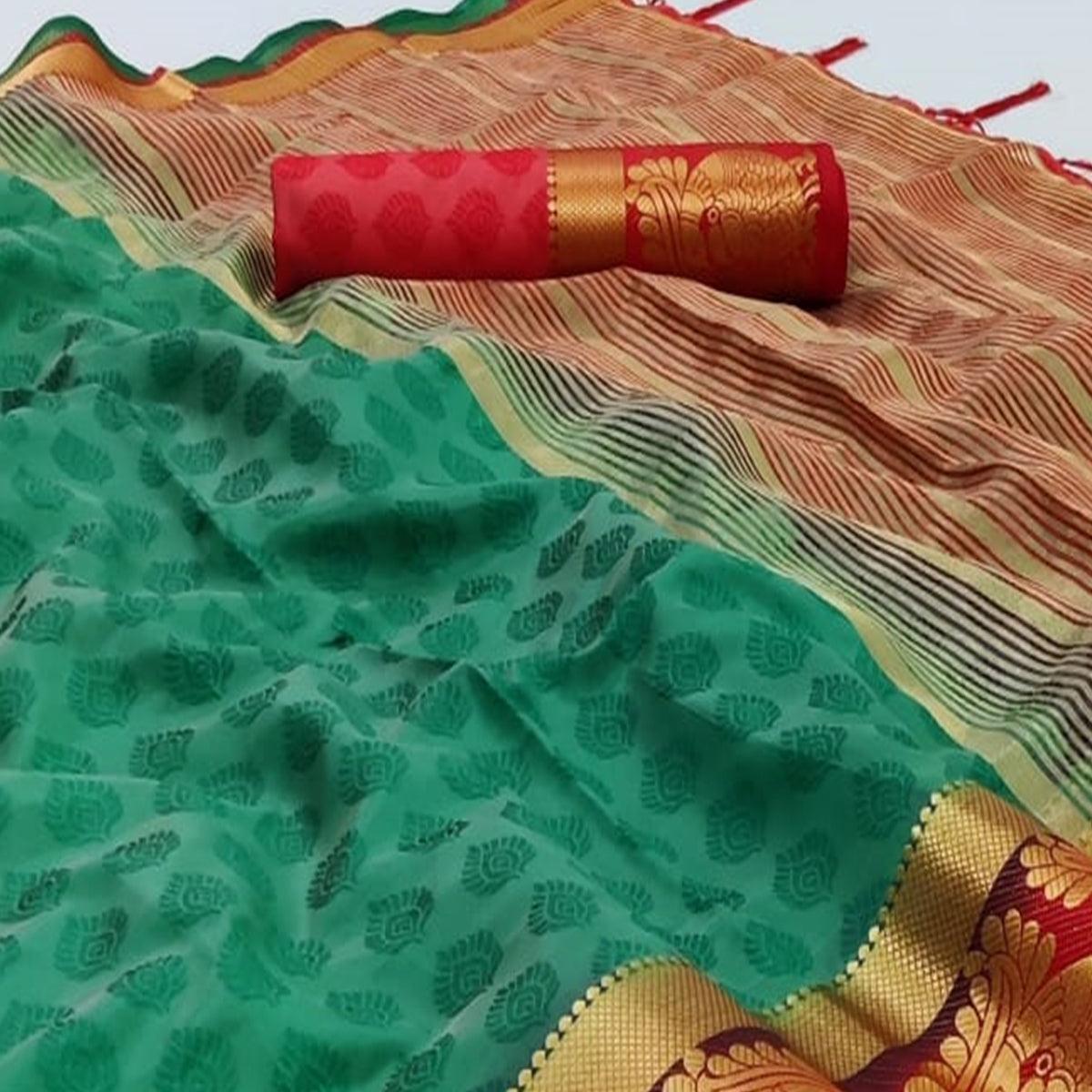 Green Festive Wear Woven Kanjiwaram Art Silk  Saree - Peachmode