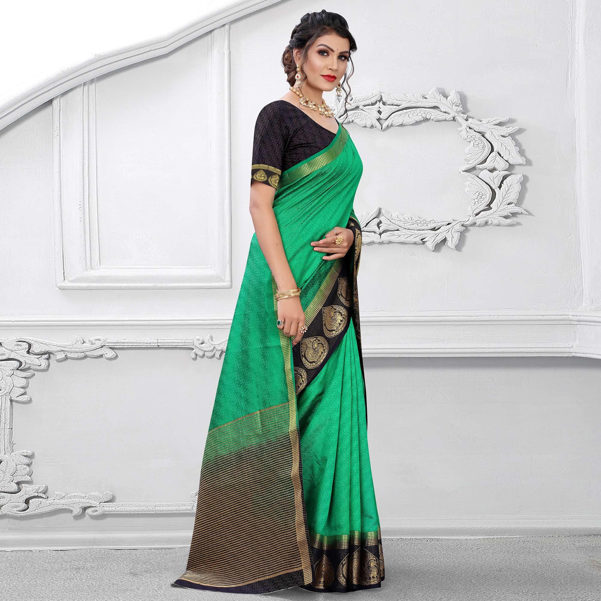 Green Festive Wear Woven Kanjiwaram Art Silk Saree - Peachmode