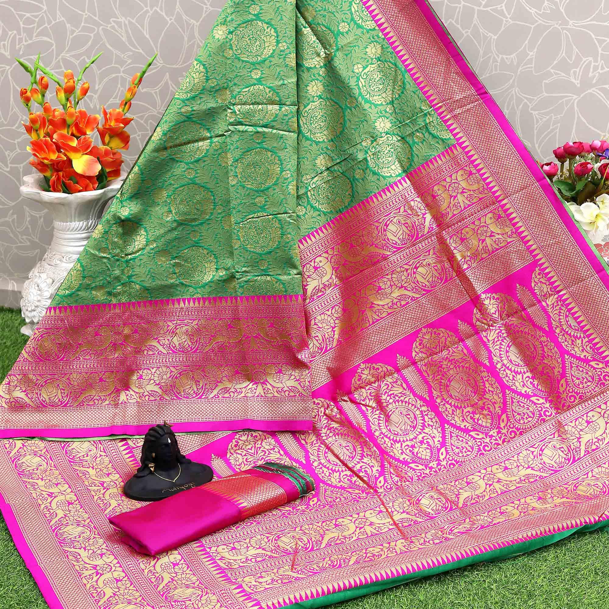 Green Festive Wear Woven Kota Litchi Banarasi Art Silk Saree - Peachmode