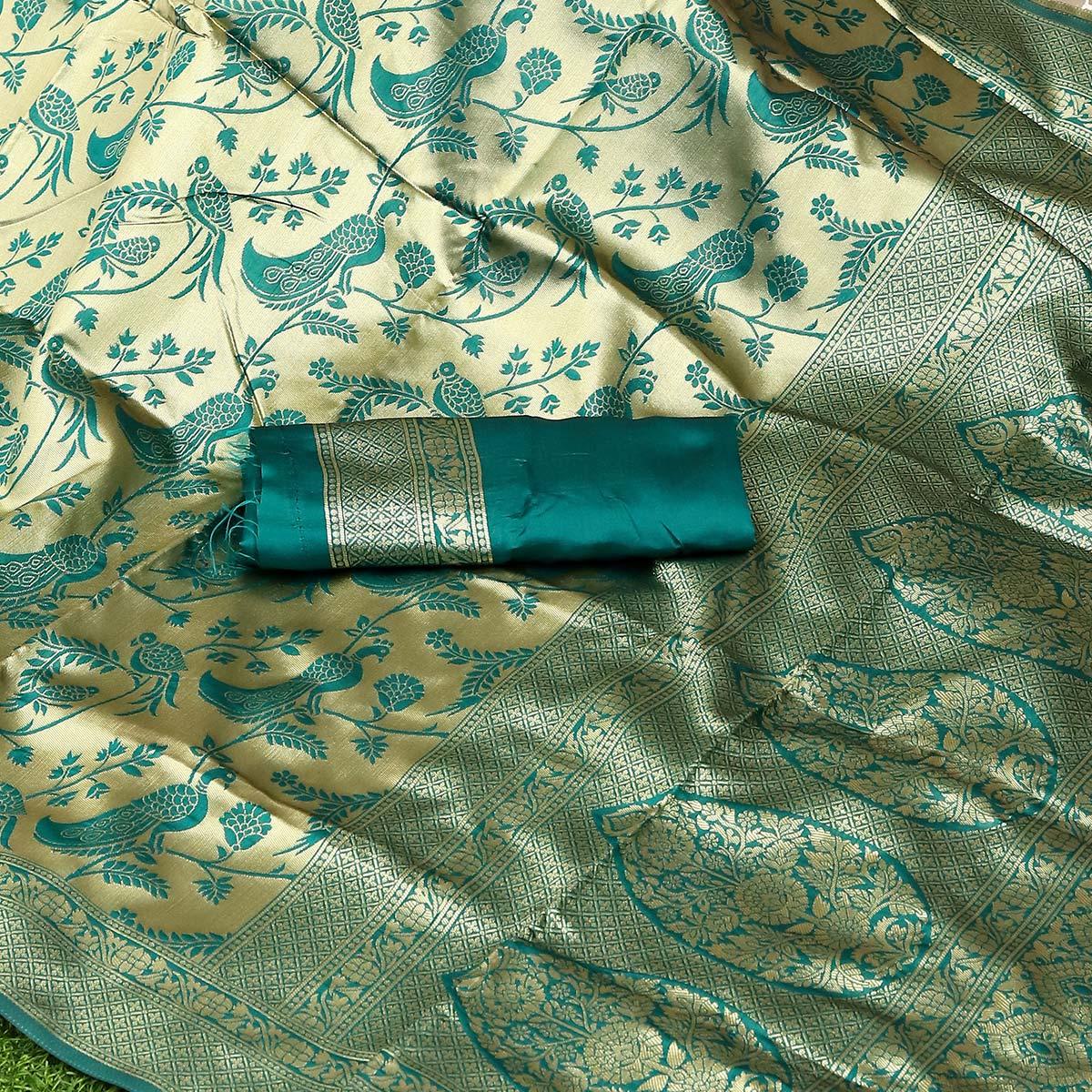 Green Festive Wear Woven Kota Litchi Banarasi Art Silk Saree - Peachmode