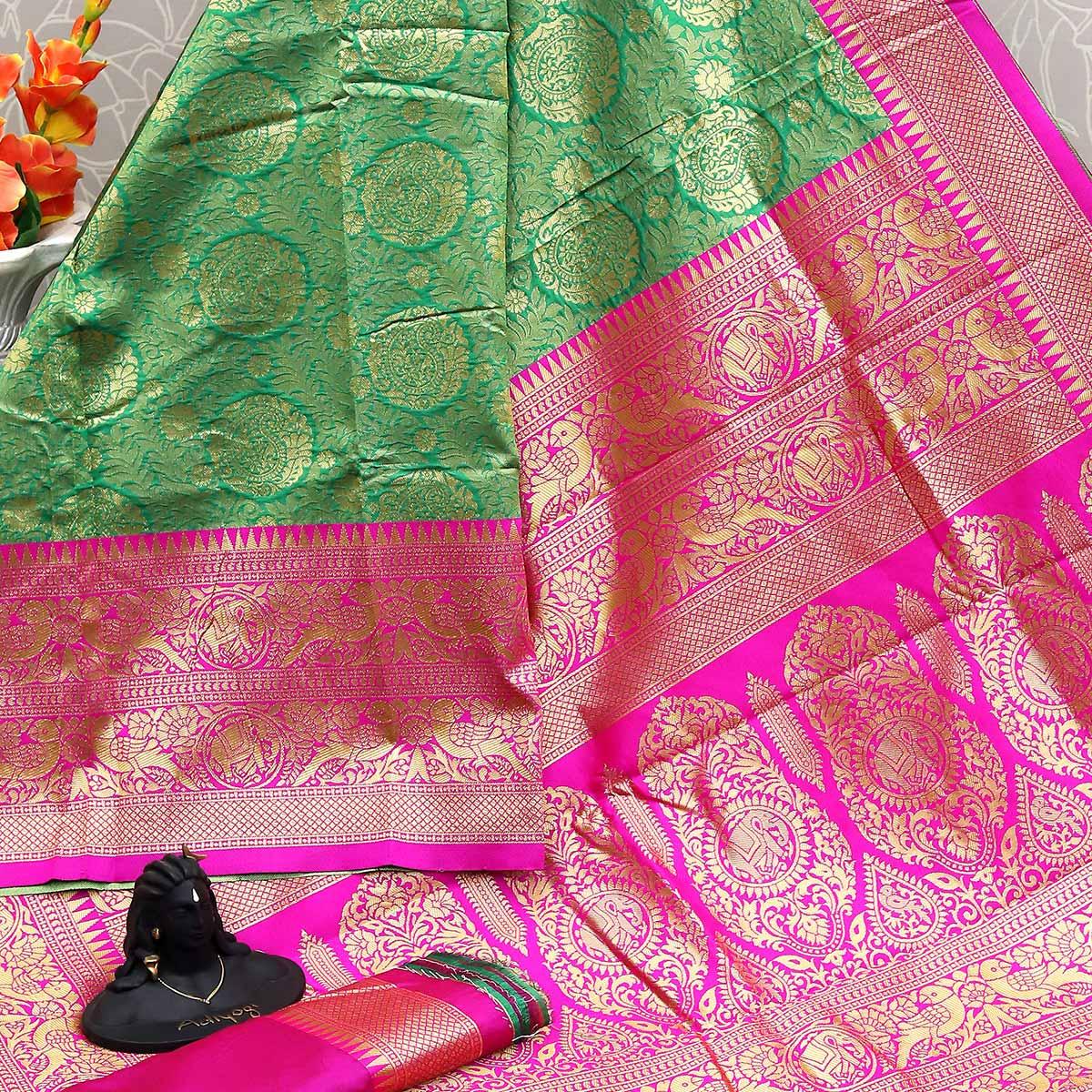 Green Festive Wear Woven Kota Litchi Banarasi Art Silk Saree - Peachmode