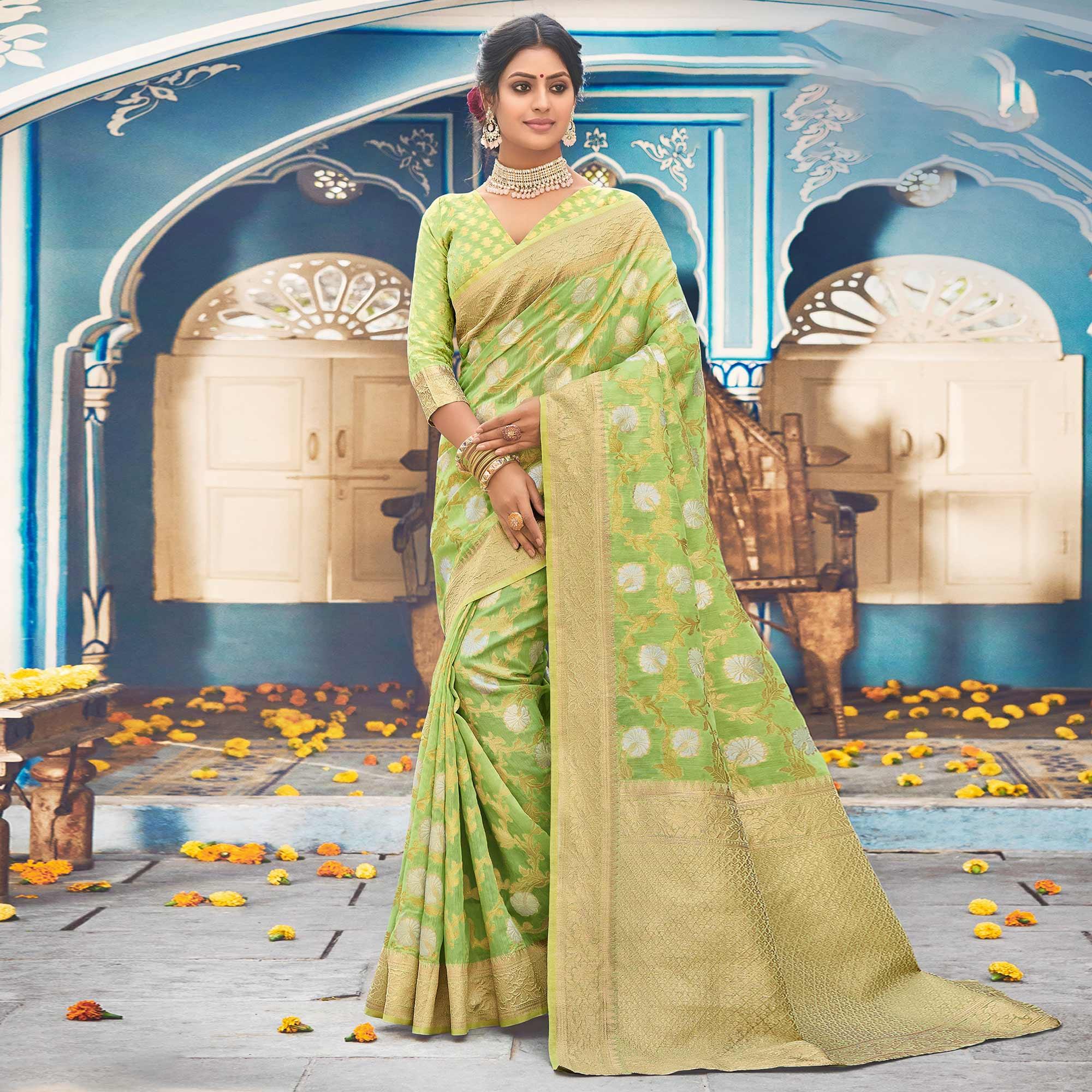 Green Festive Wear Woven Linen Saree - Peachmode