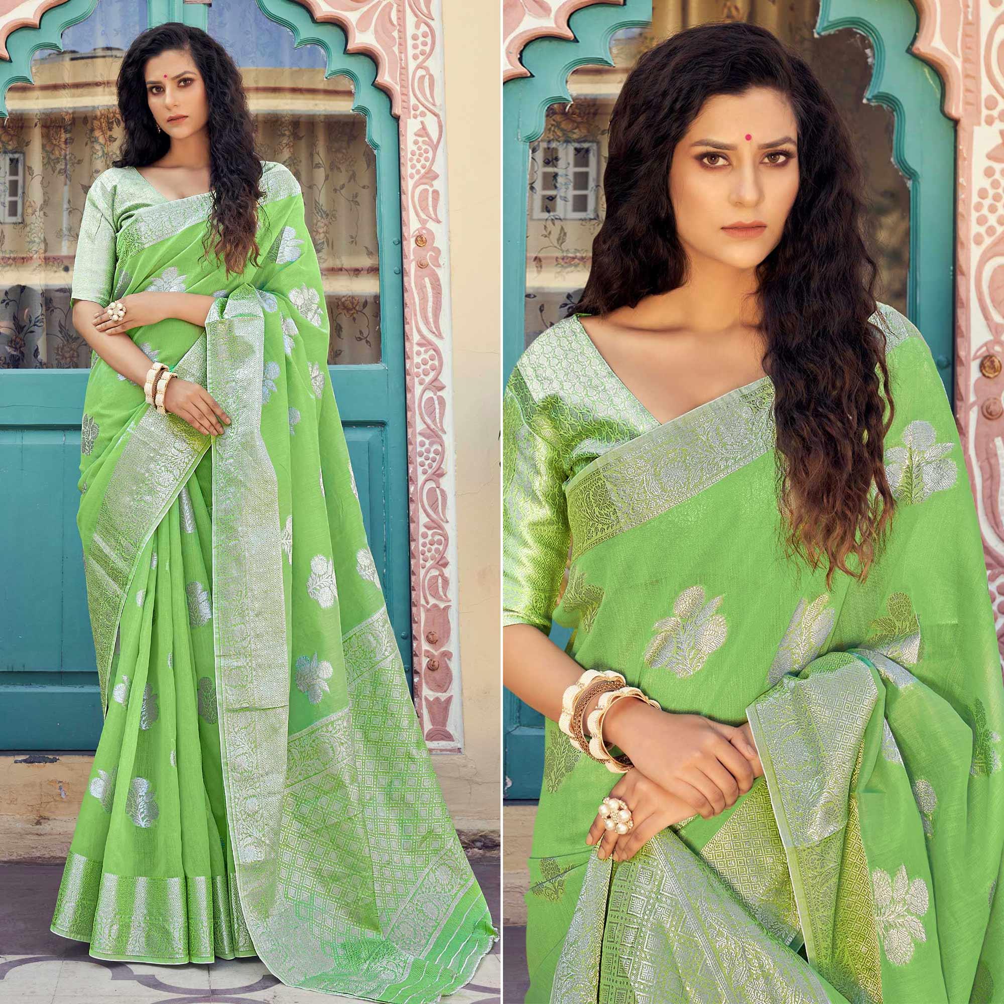 Green Festive Wear Woven Linen Saree - Peachmode