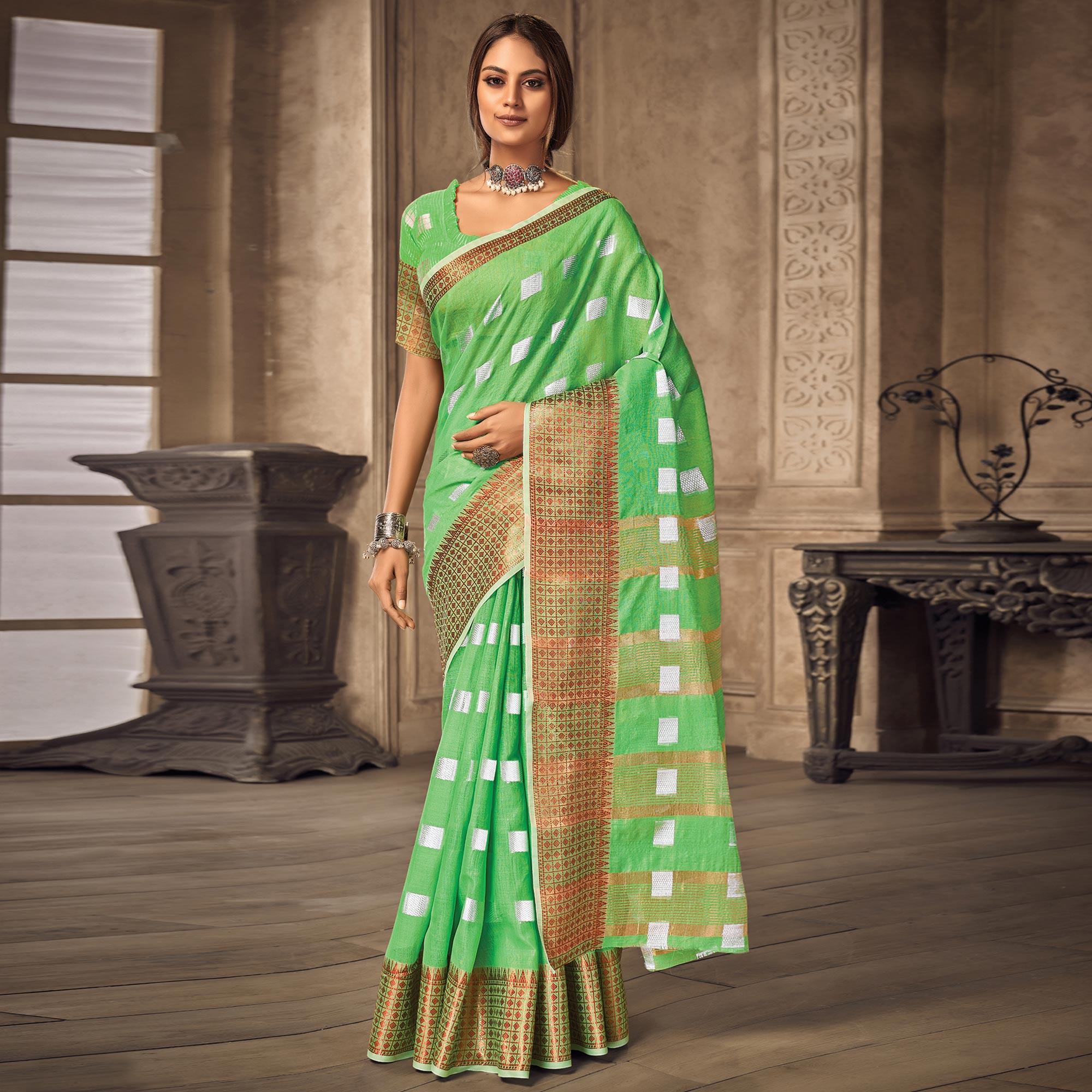 Green Festive Wear Woven Linen Saree - Peachmode