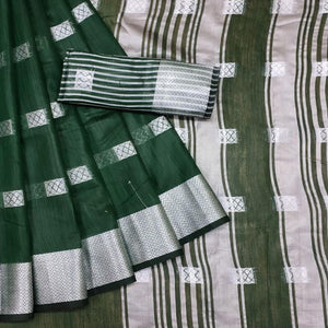 Green Festive Wear Woven Linen Saree - Peachmode