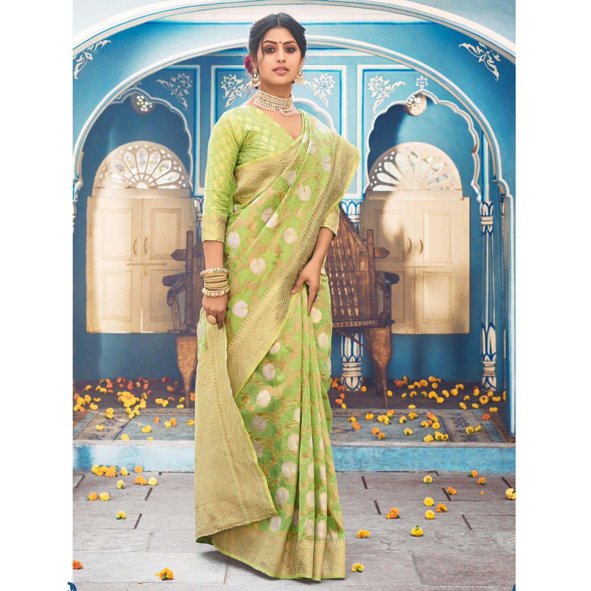 Green Festive Wear Woven Linen Saree - Peachmode