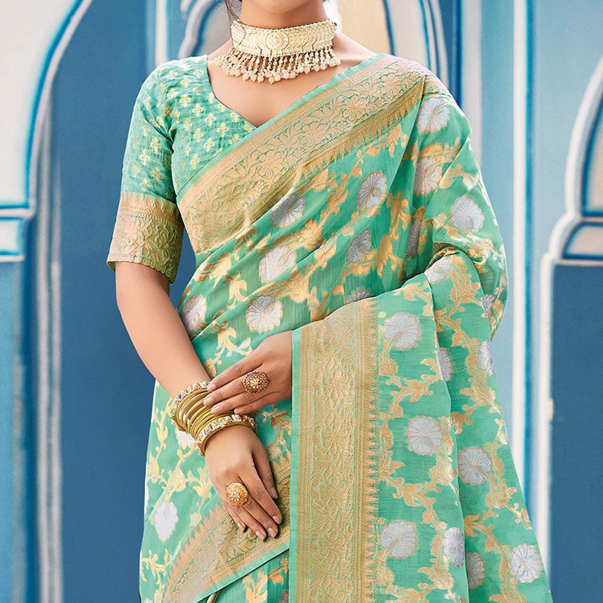 Green Festive Wear Woven Linen Saree - Peachmode