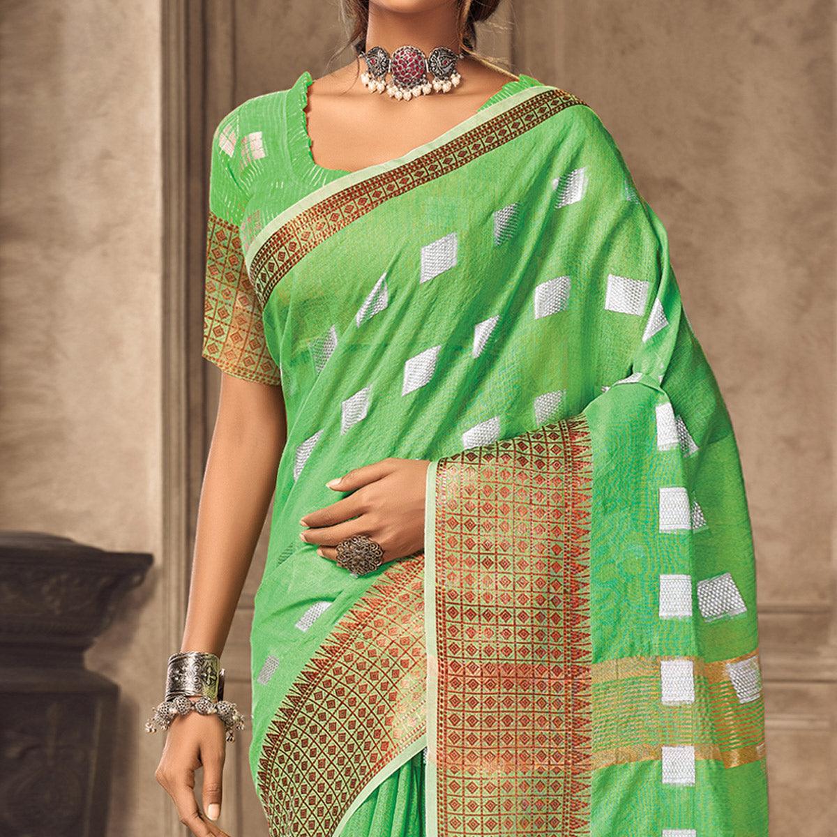 Green Festive Wear Woven Linen Saree - Peachmode