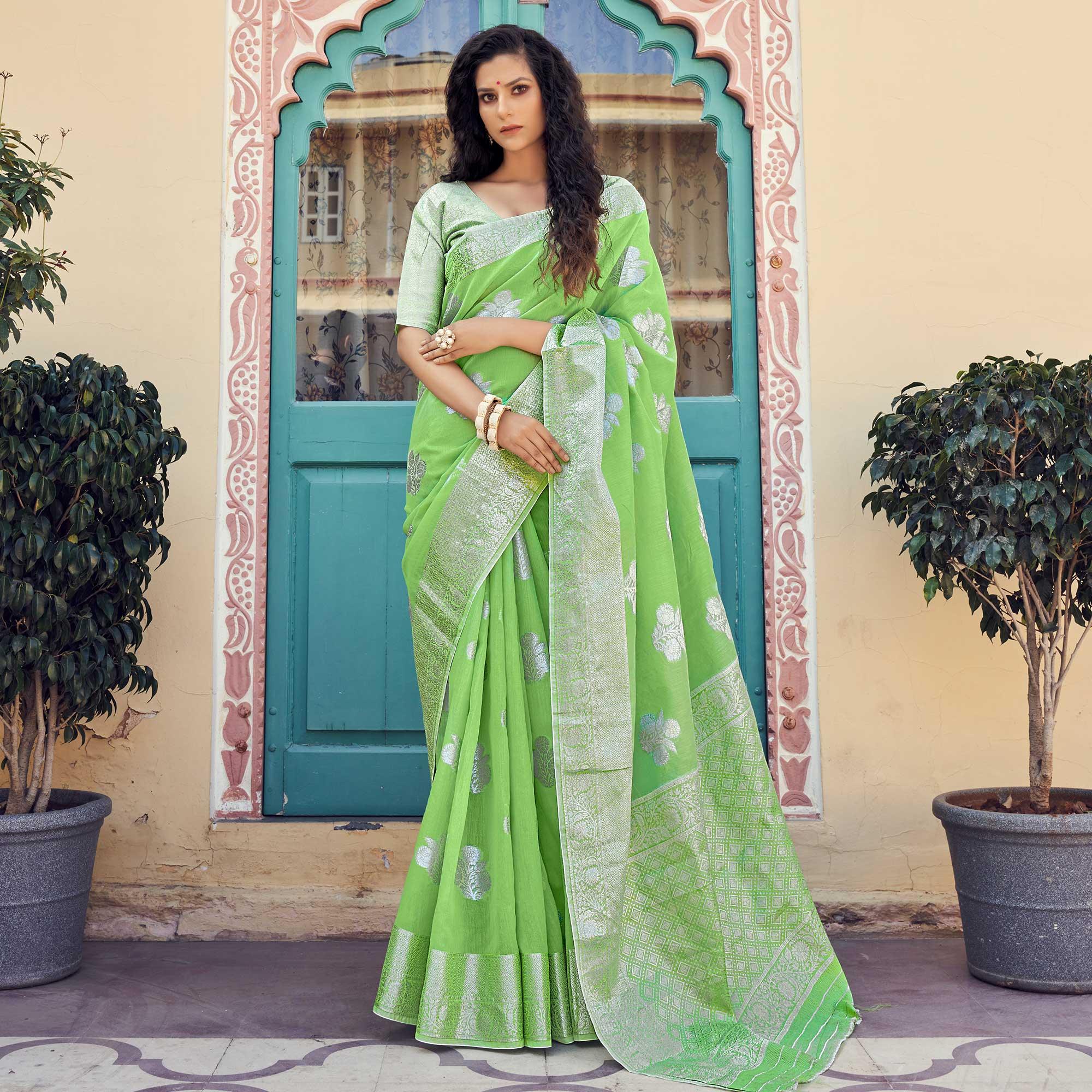 Green Festive Wear Woven Linen Saree - Peachmode