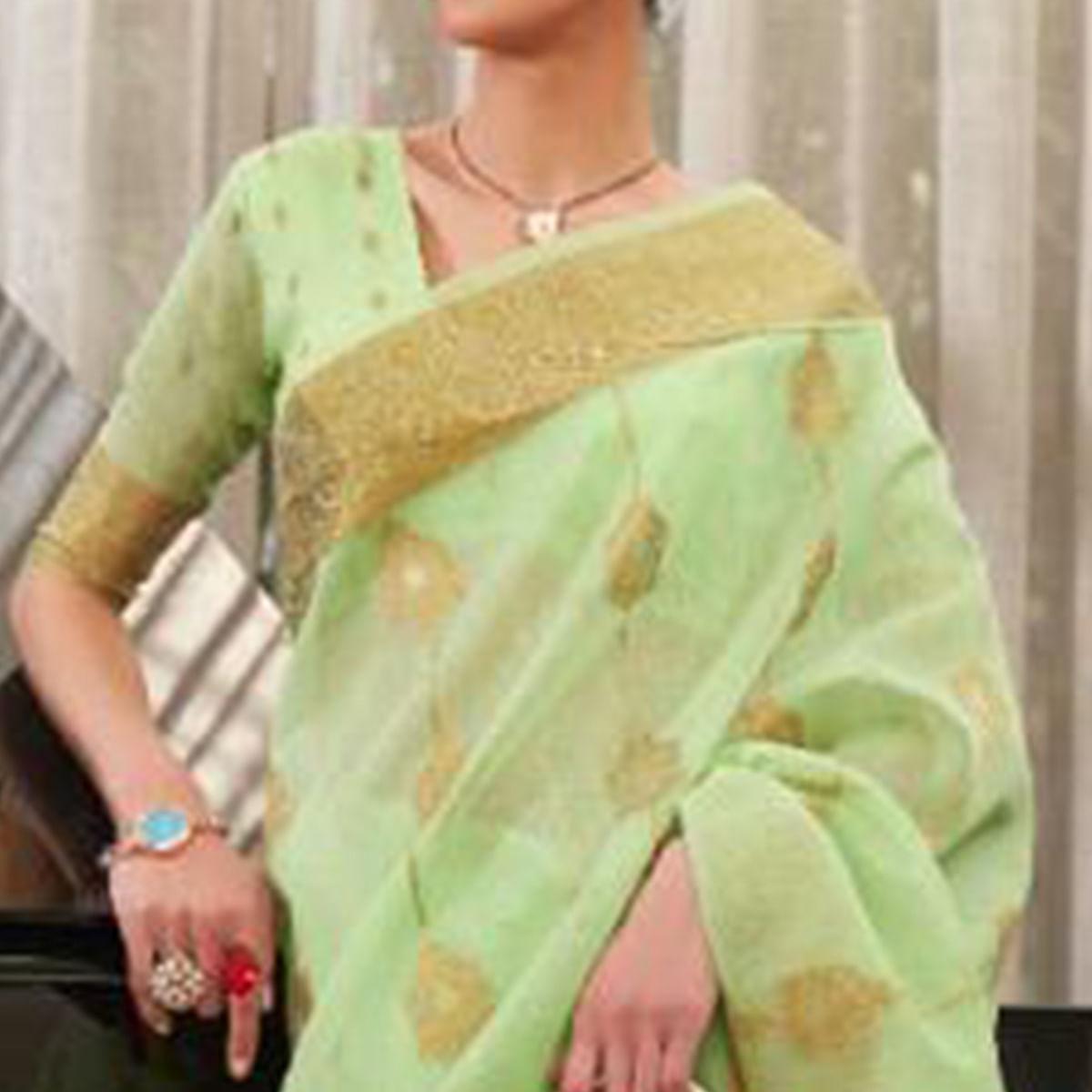 Green Festive Wear Woven Linen Saree - Peachmode