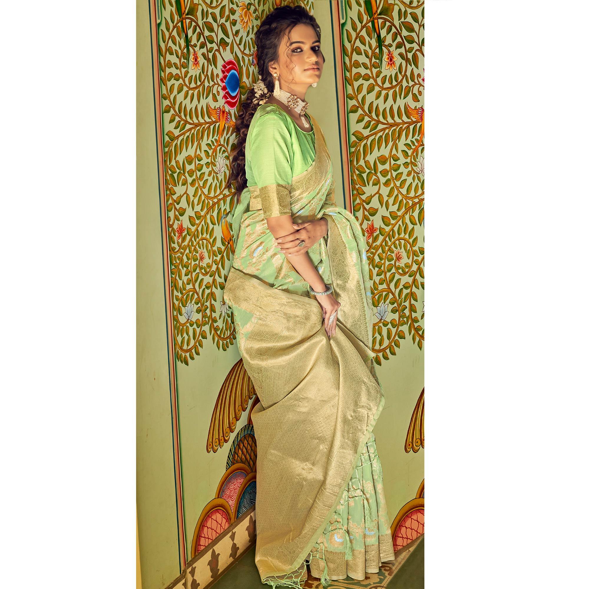 Green Festive Wear Woven Linen Saree - Peachmode